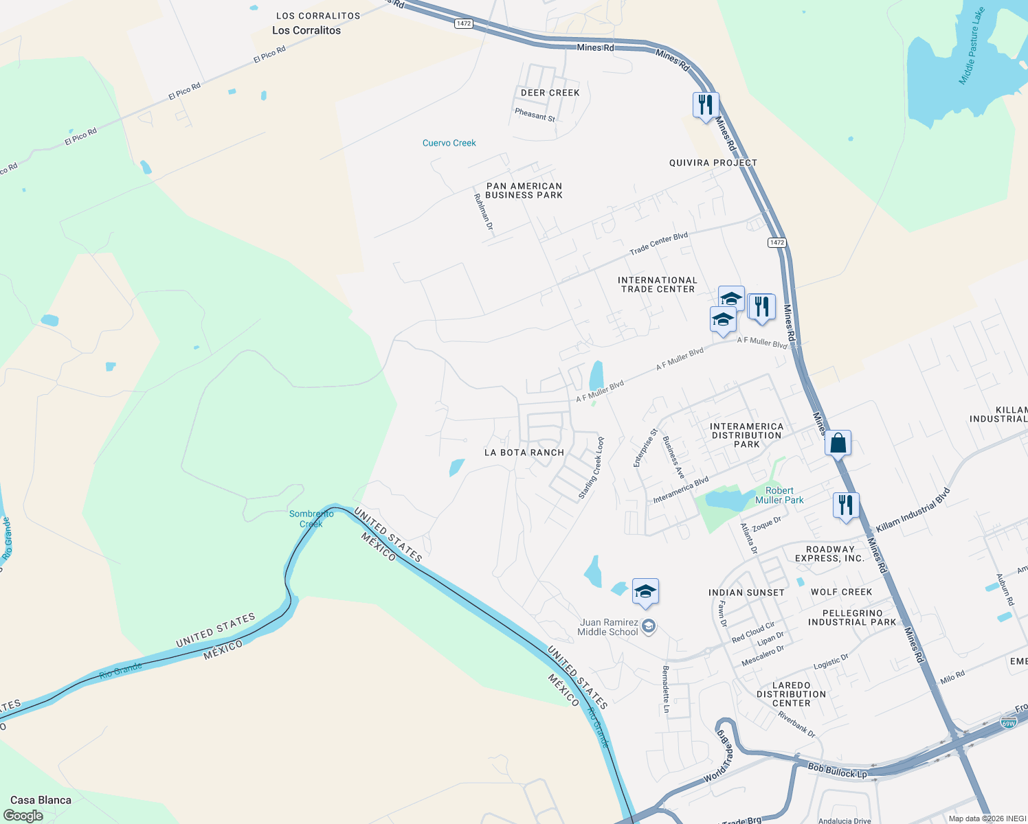 map of restaurants, bars, coffee shops, grocery stores, and more near 154 Cardinal Lane in Laredo