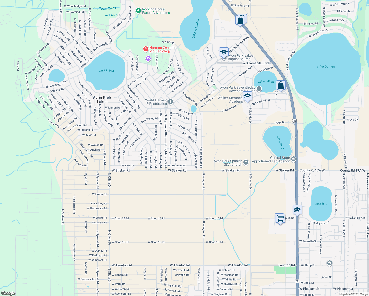map of restaurants, bars, coffee shops, grocery stores, and more near 1889 North Iroquois Road in Avon Park