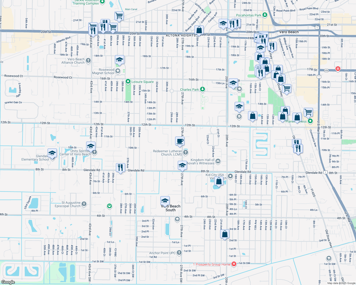 map of restaurants, bars, coffee shops, grocery stores, and more near 1035 27th Avenue in Vero Beach