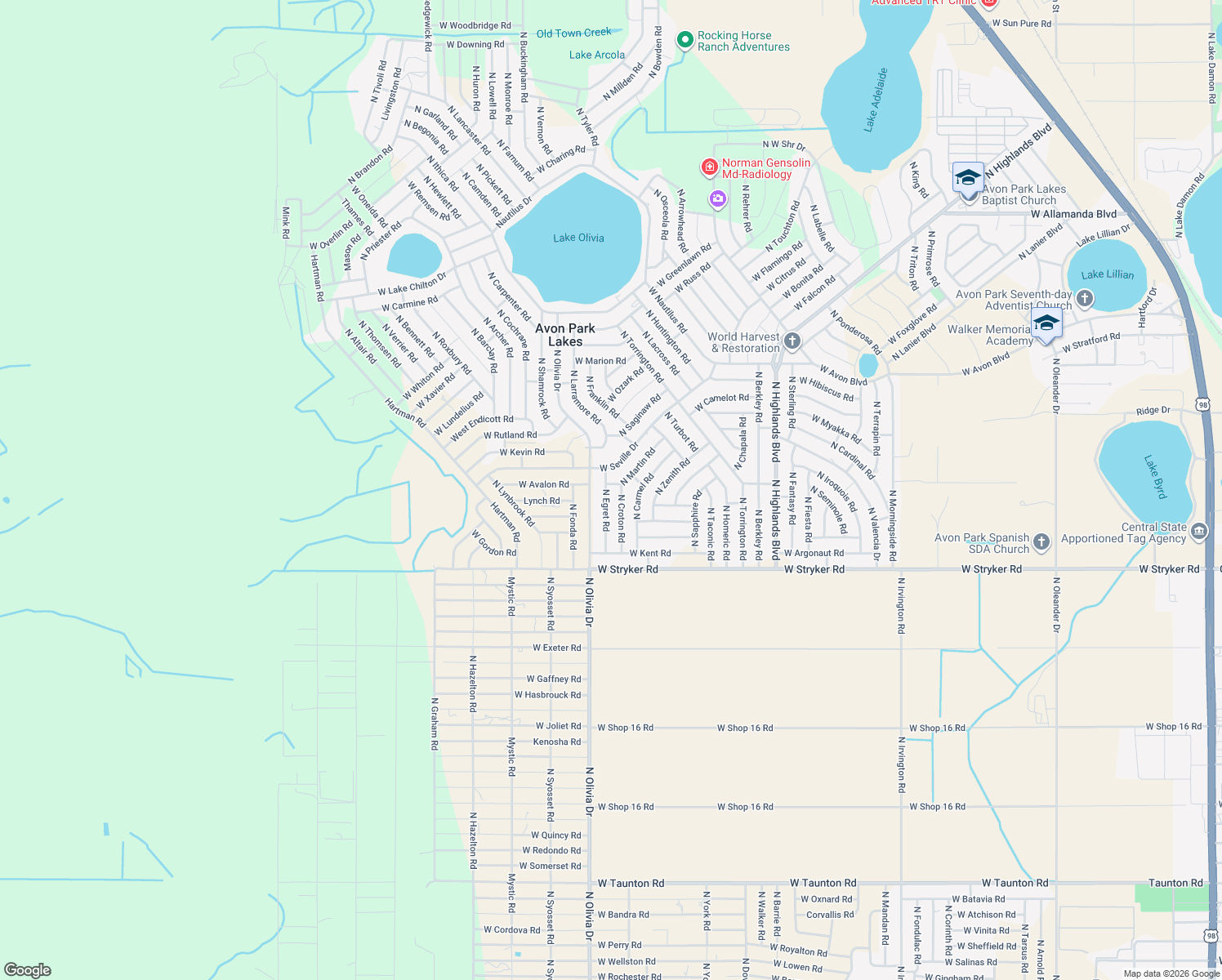 map of restaurants, bars, coffee shops, grocery stores, and more near 1900 North Martin Road in Avon Park