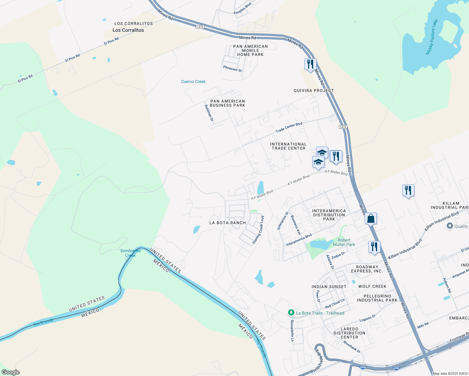 map of restaurants, bars, coffee shops, grocery stores, and more near 210 Green Jay Ln in Laredo