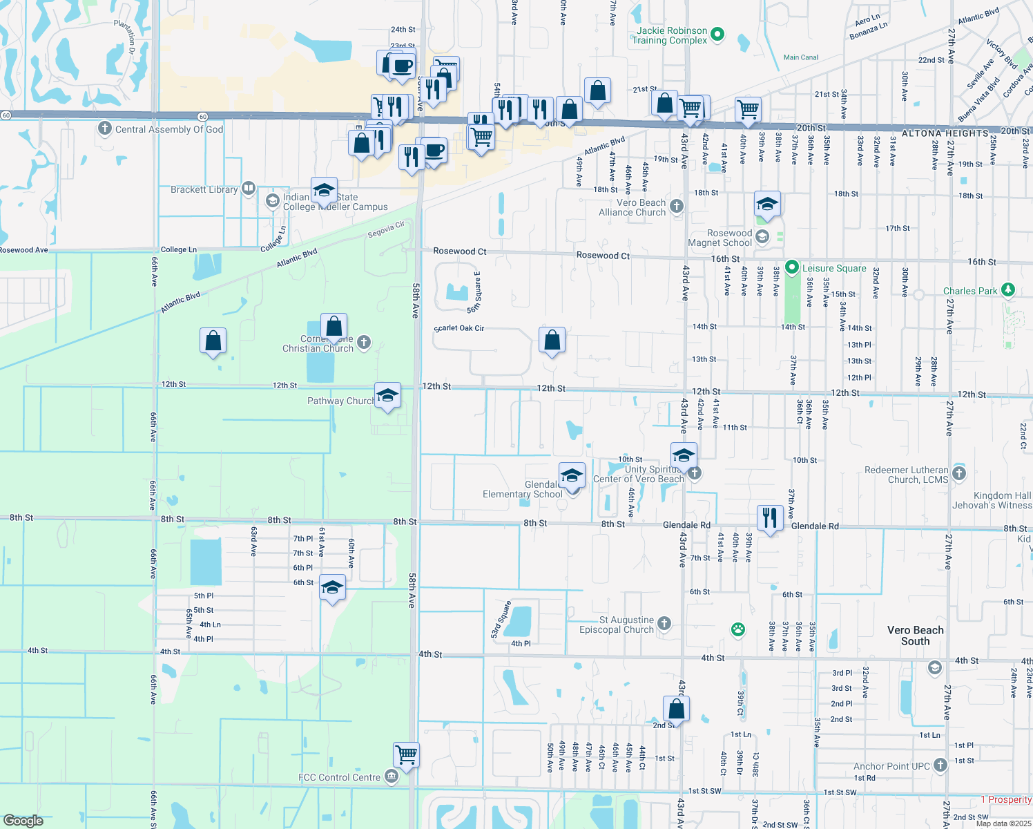 map of restaurants, bars, coffee shops, grocery stores, and more near 1100 Camelot Way in Vero Beach