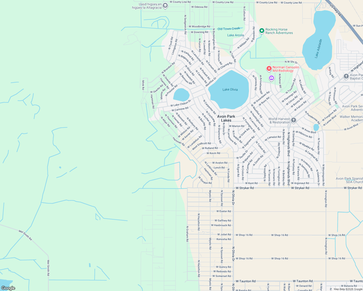 map of restaurants, bars, coffee shops, grocery stores, and more near 2059 Hartman Road in Avon Park