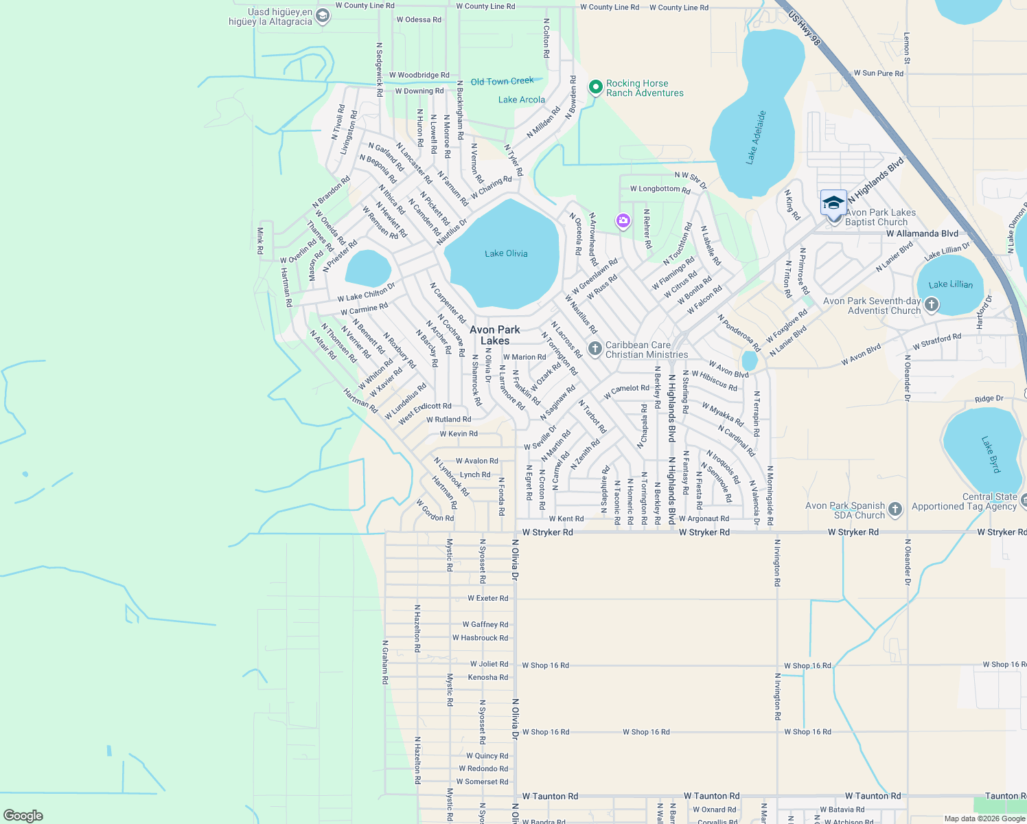 map of restaurants, bars, coffee shops, grocery stores, and more near 2048 North Olivia Drive in Avon Park