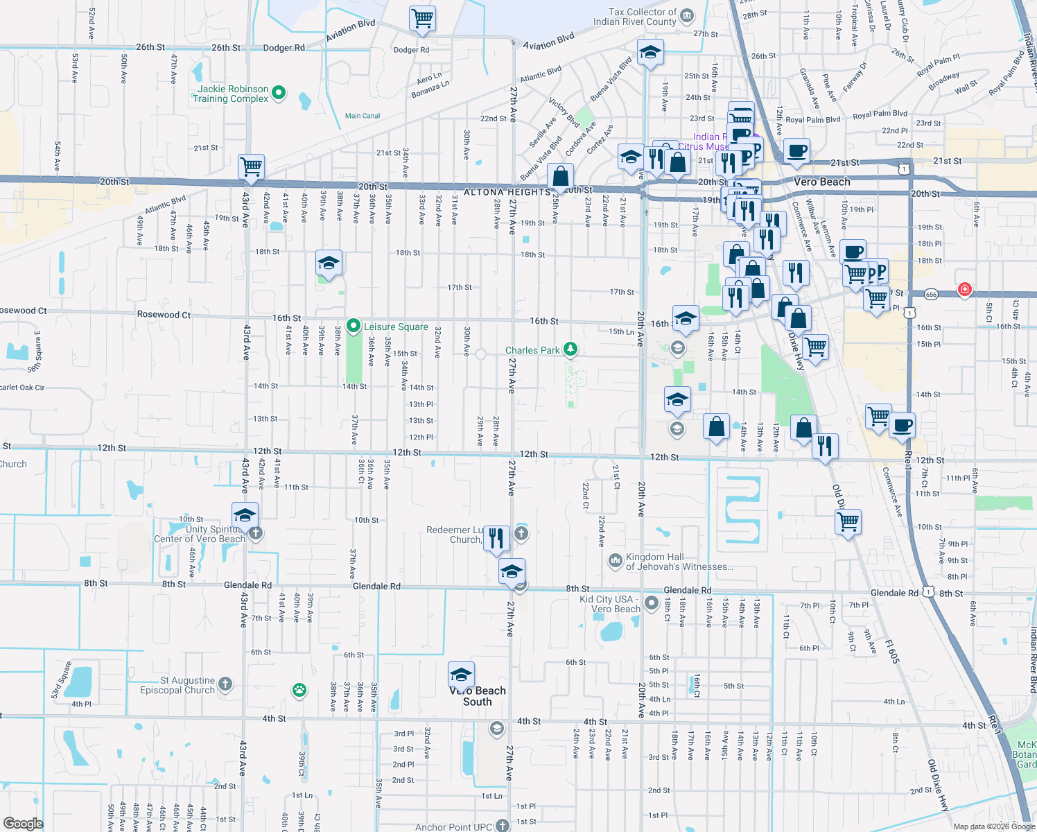 map of restaurants, bars, coffee shops, grocery stores, and more near 2690 13th Street in Vero Beach