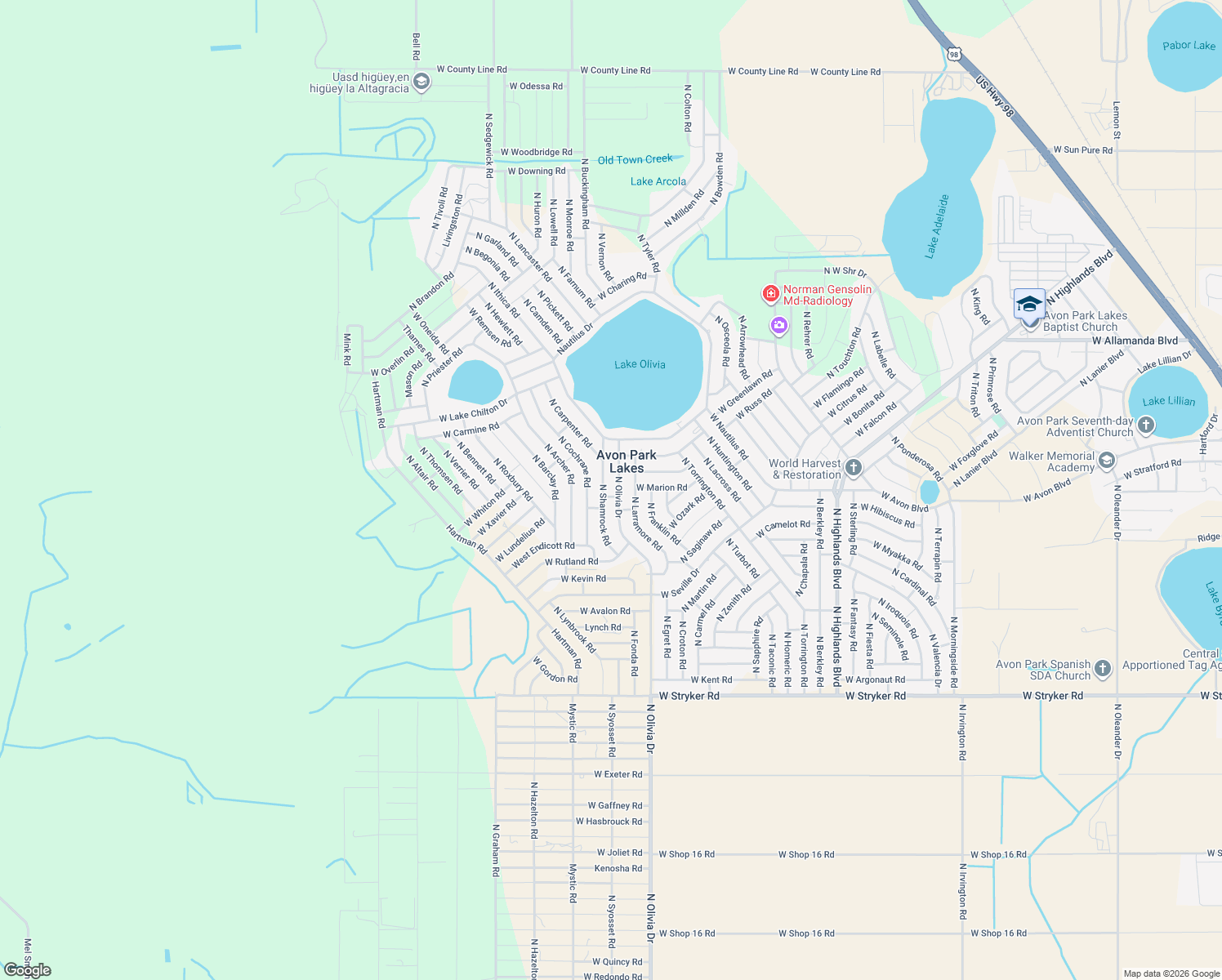 map of restaurants, bars, coffee shops, grocery stores, and more near 2205 North Olivia Drive in Avon Park