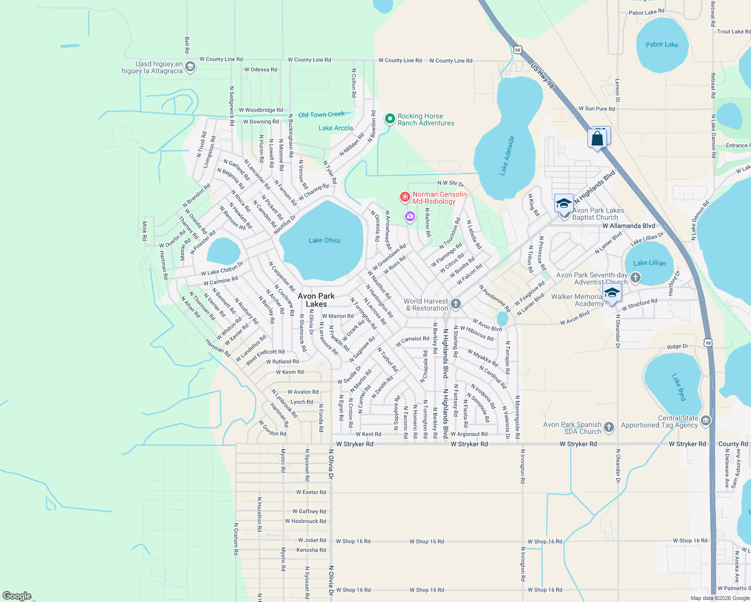 map of restaurants, bars, coffee shops, grocery stores, and more near 2323 North Huntington Road in Avon Park