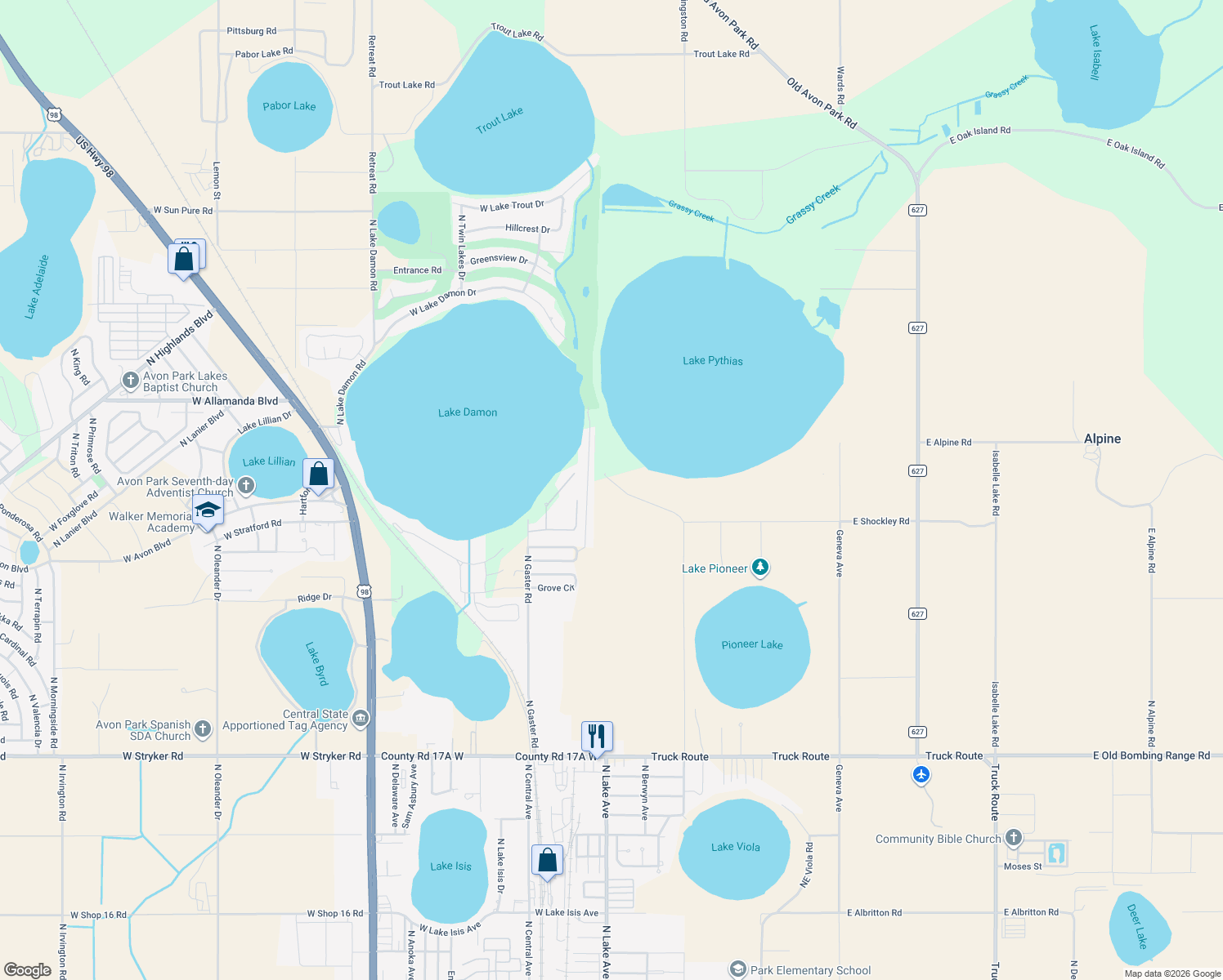 map of restaurants, bars, coffee shops, grocery stores, and more near 214 East Shockley Road in Avon Park
