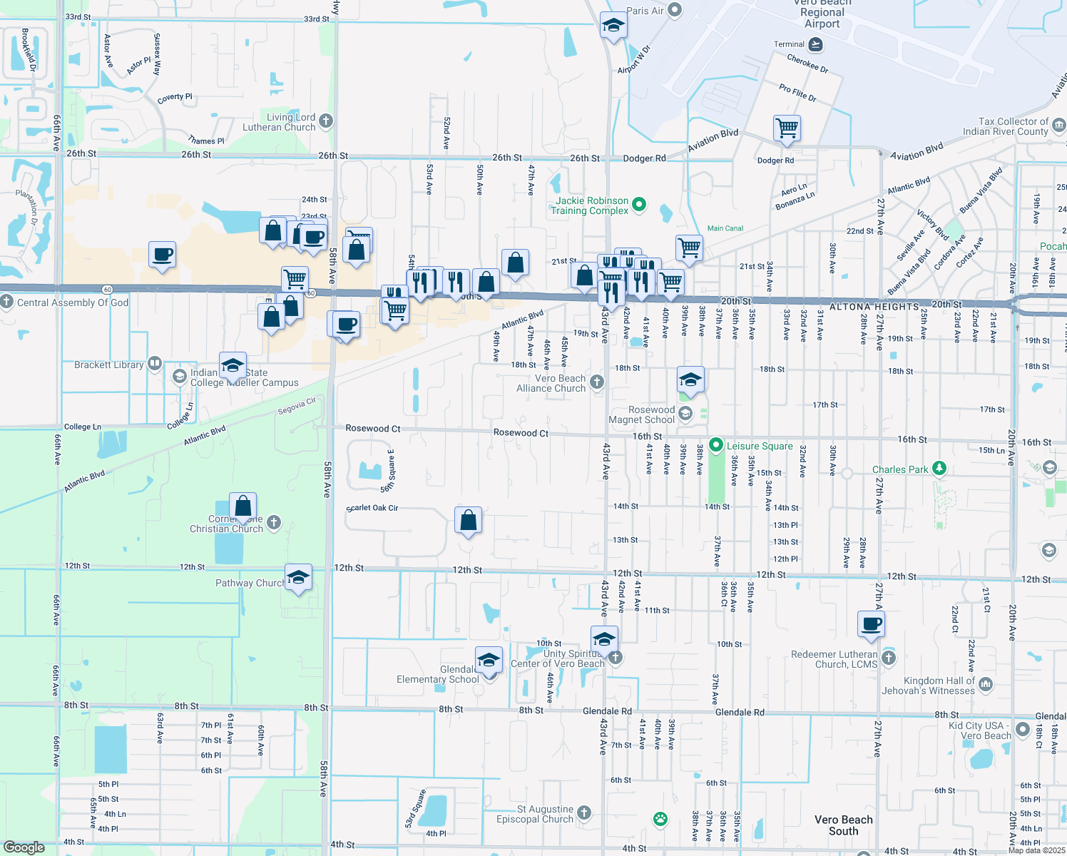 map of restaurants, bars, coffee shops, grocery stores, and more near 4790 16th Street in Vero Beach