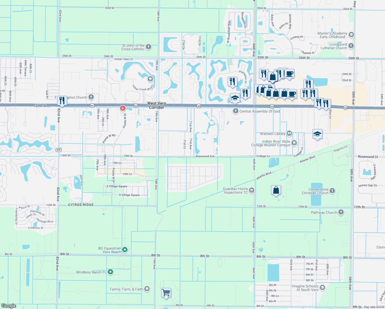 map of restaurants, bars, coffee shops, grocery stores, and more near 1606 71st Avenue in Vero Beach