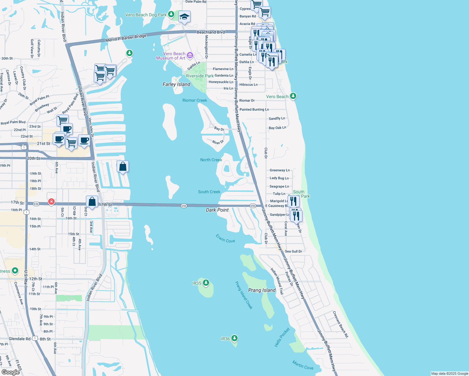 map of restaurants, bars, coffee shops, grocery stores, and more near 670 Lagoon Road in Vero Beach