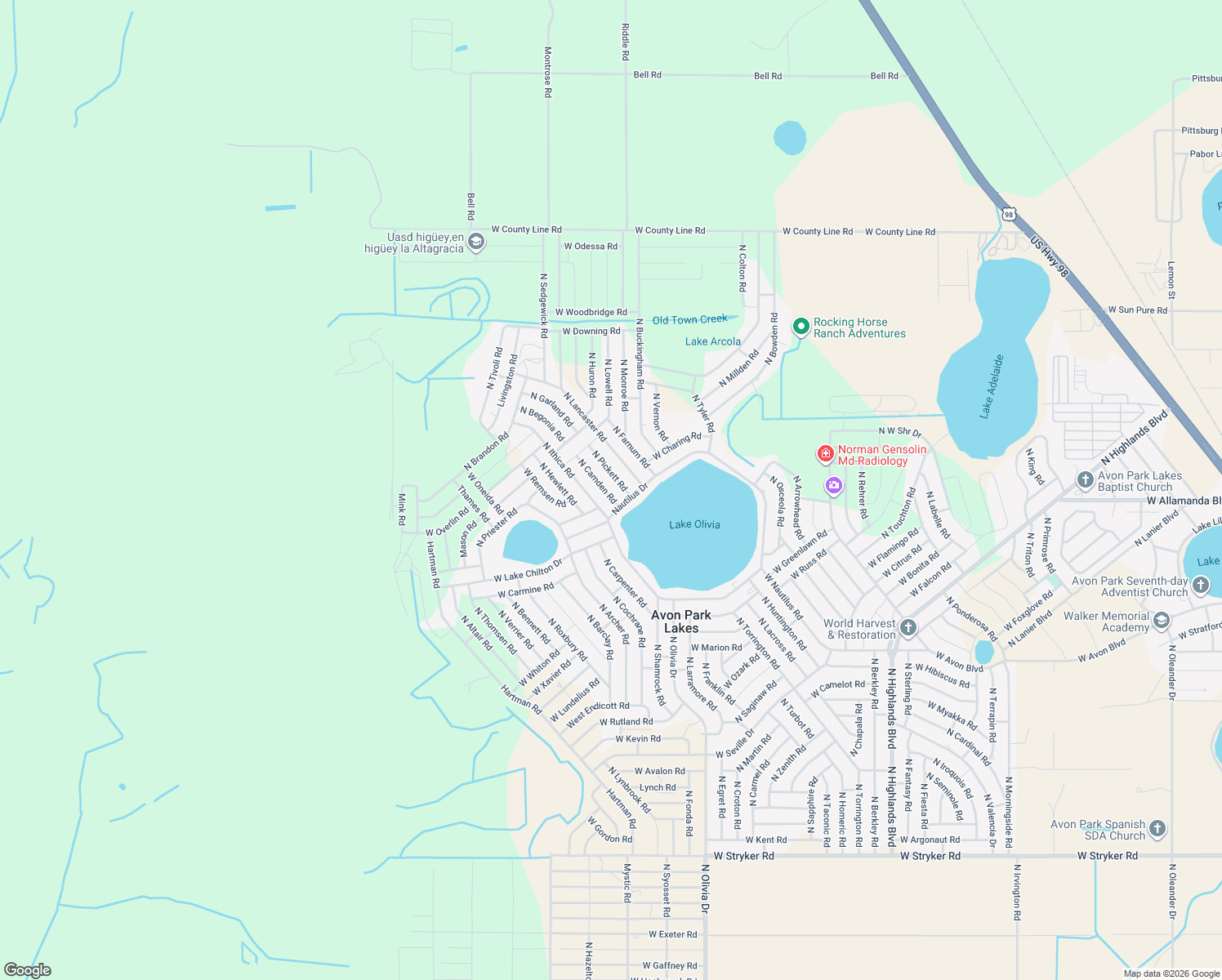 map of restaurants, bars, coffee shops, grocery stores, and more near 2636 North Camden Road in Avon Park