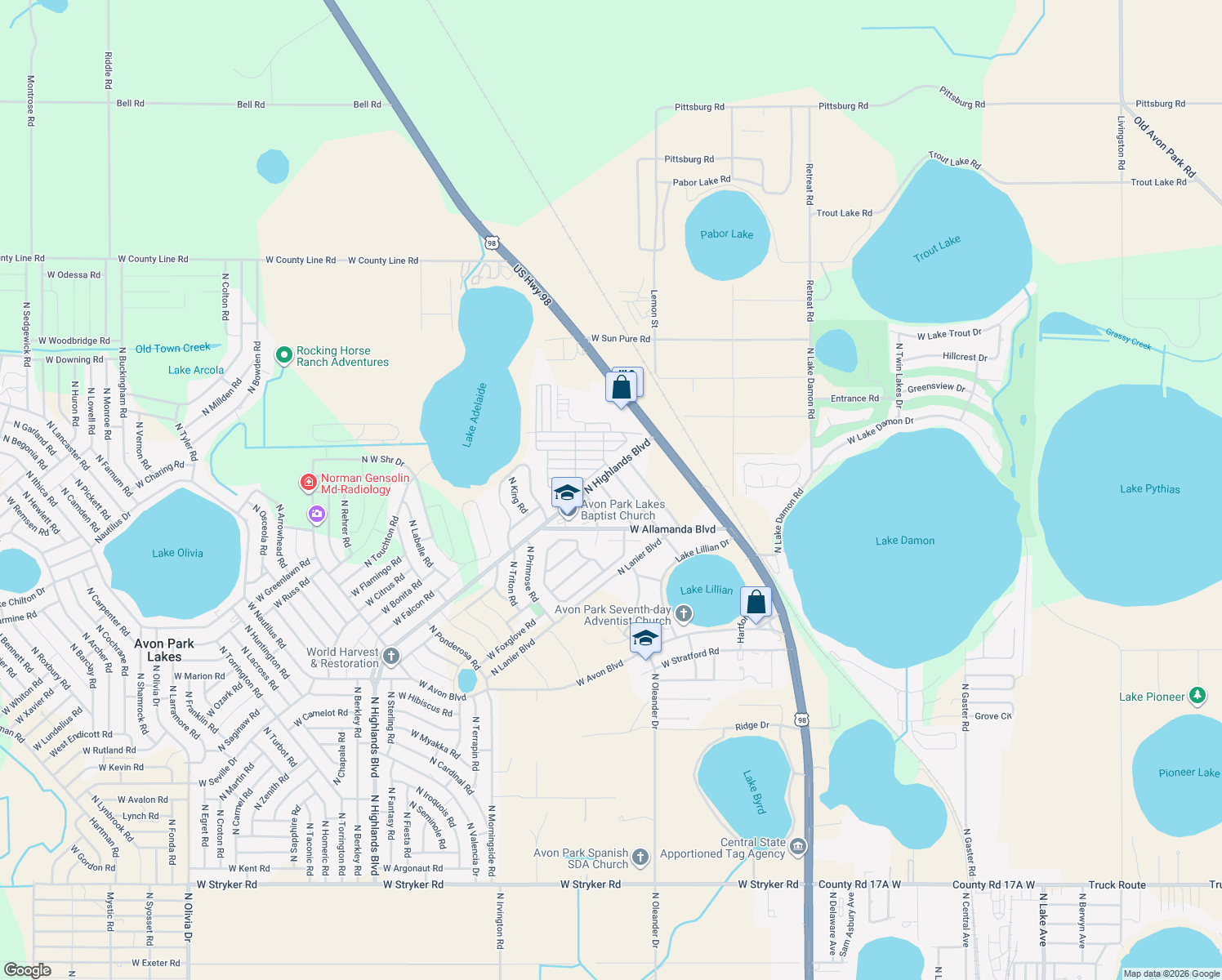 map of restaurants, bars, coffee shops, grocery stores, and more near 2682 North Mulberry Road in Avon Park