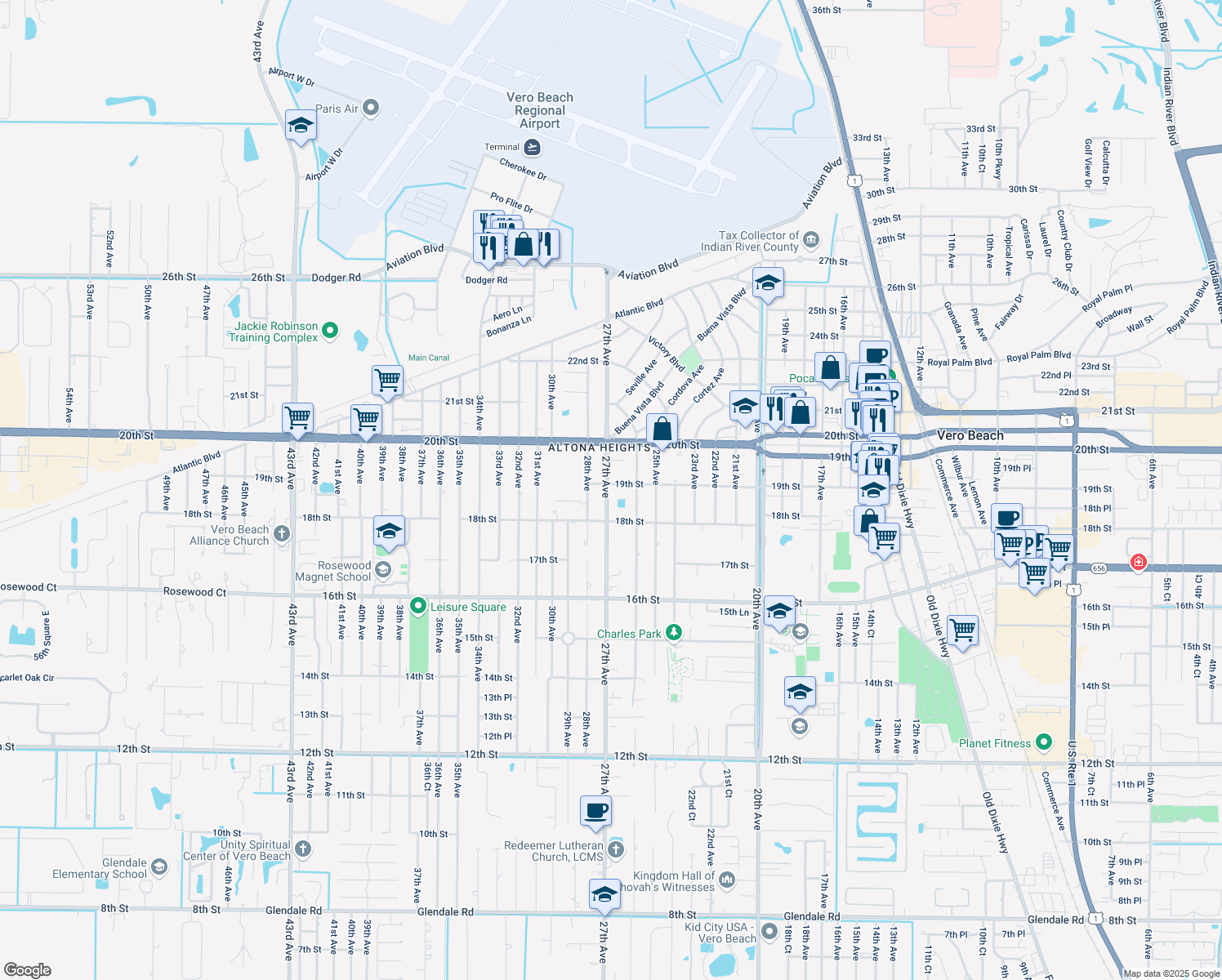 map of restaurants, bars, coffee shops, grocery stores, and more near 1844 27th Avenue in Vero Beach