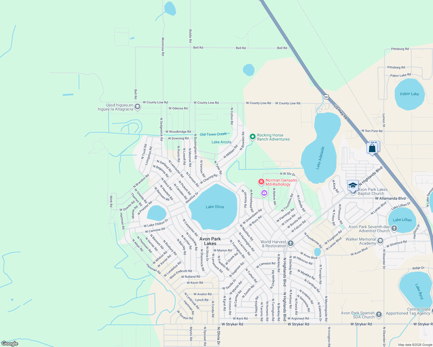 map of restaurants, bars, coffee shops, grocery stores, and more near 2700 West Charing Road in Avon Park