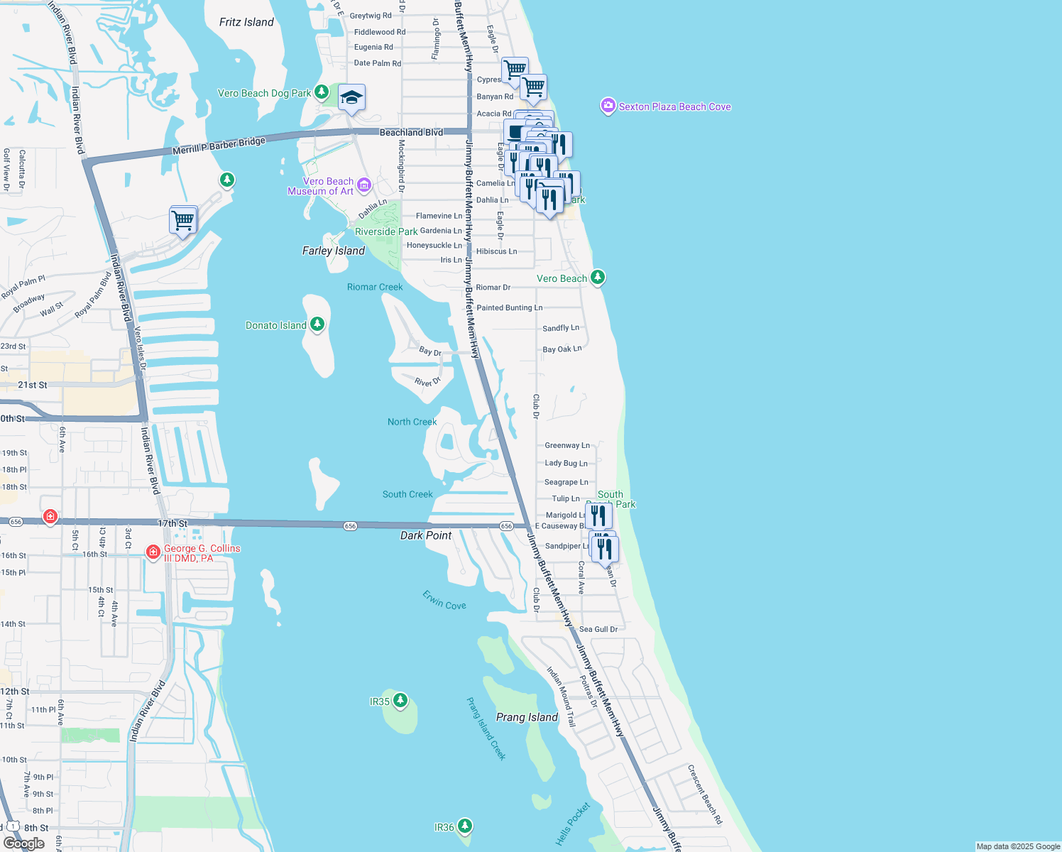 map of restaurants, bars, coffee shops, grocery stores, and more near 1951 Club Drive in Vero Beach