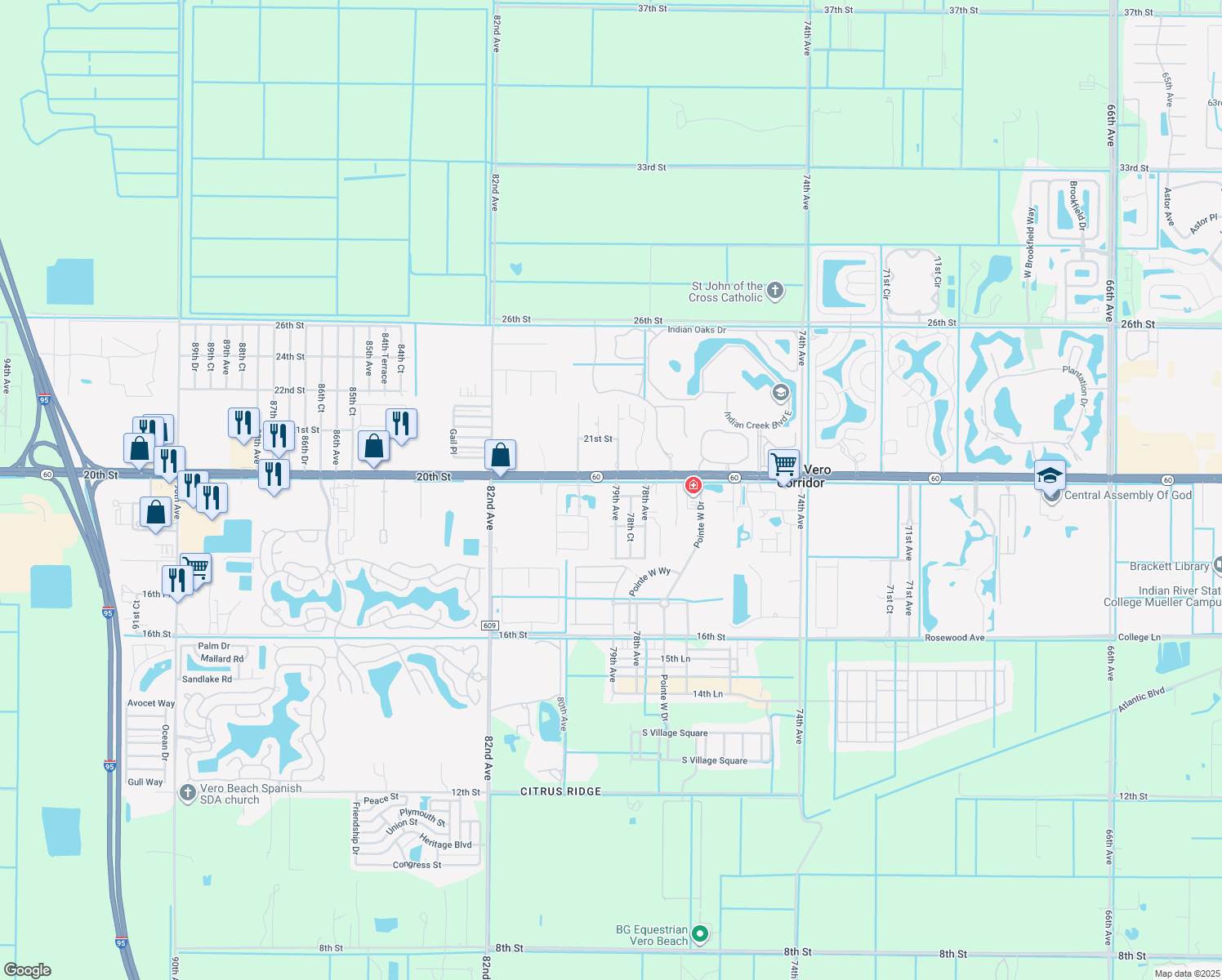 map of restaurants, bars, coffee shops, grocery stores, and more near 1985 79th Avenue in Vero Beach