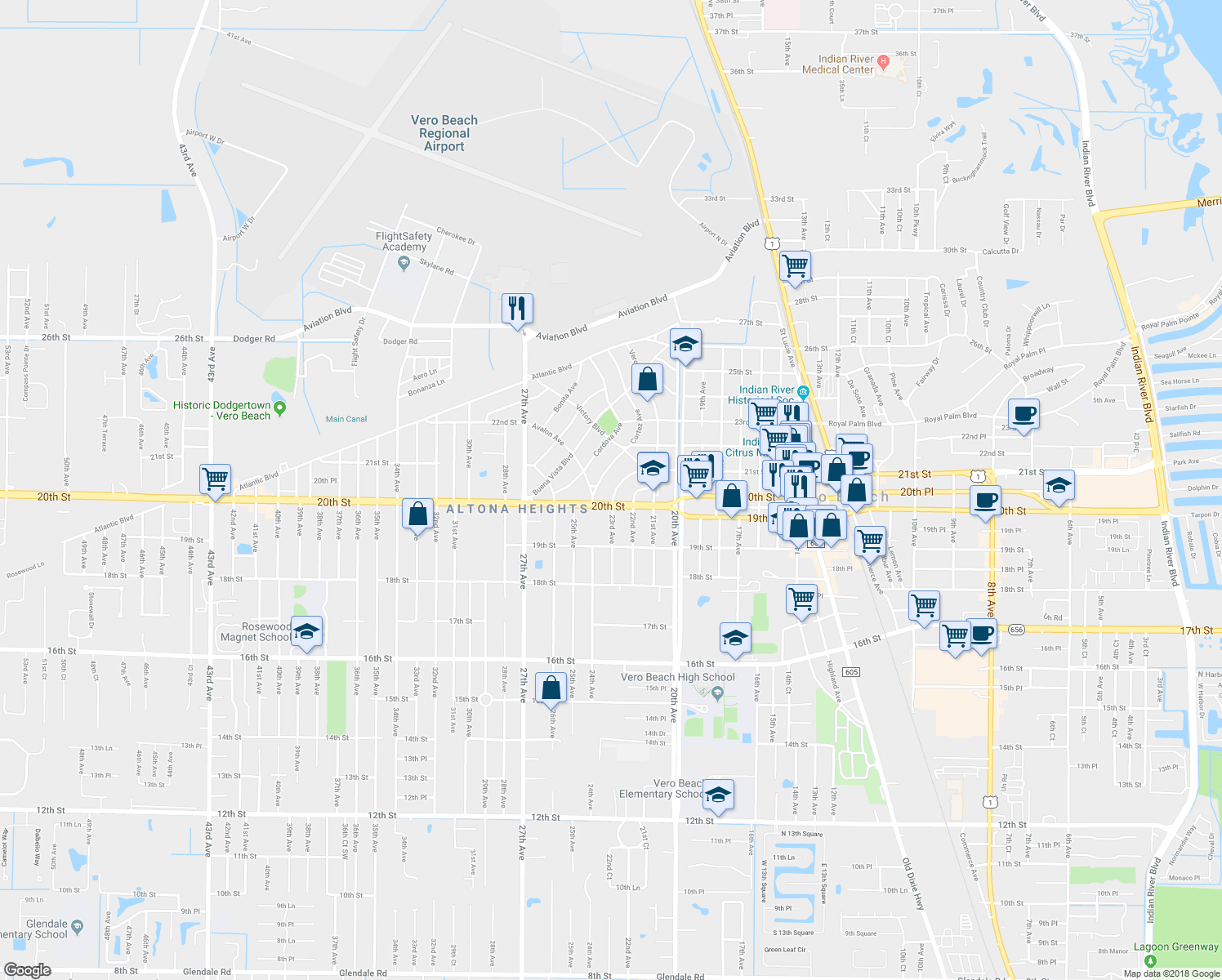 map of restaurants, bars, coffee shops, grocery stores, and more near 2025 De Leon Avenue in Vero Beach