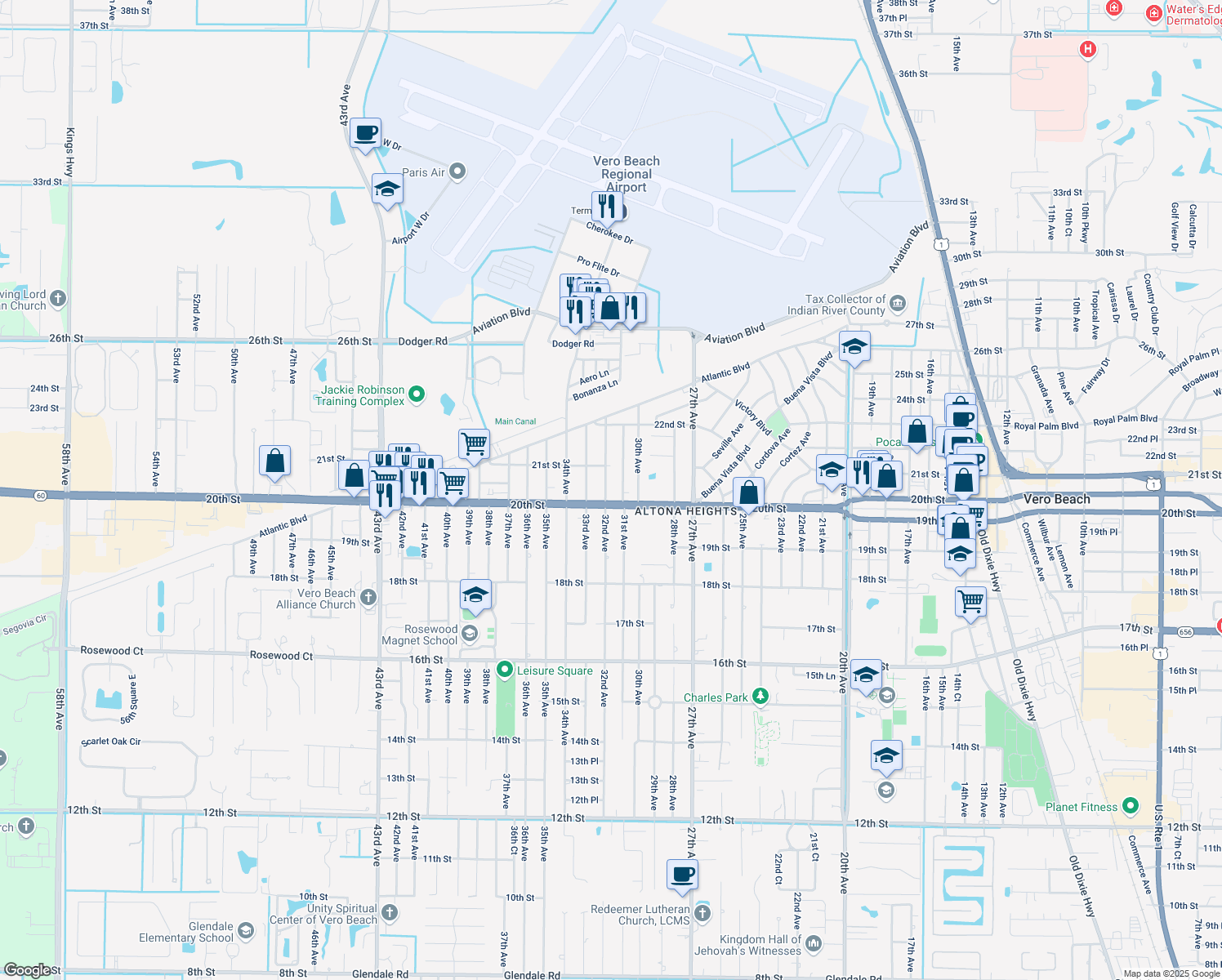 map of restaurants, bars, coffee shops, grocery stores, and more near 2036 32nd Avenue in Vero Beach