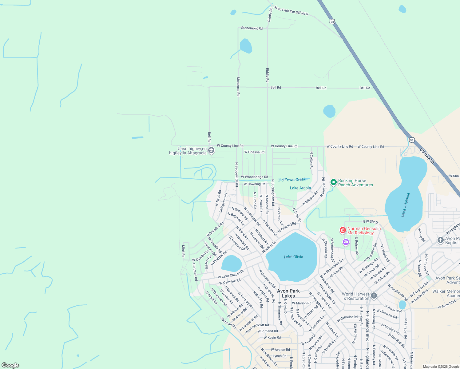 map of restaurants, bars, coffee shops, grocery stores, and more near 3150 North Tivoli Road in Avon Park
