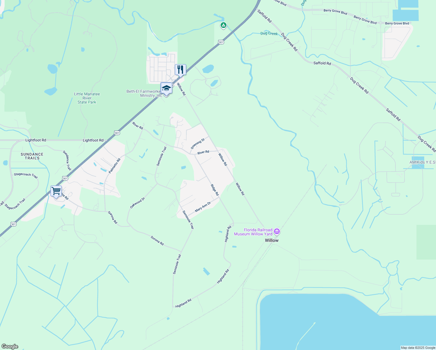 map of restaurants, bars, coffee shops, grocery stores, and more near 3329 Willow Road in Wimauma