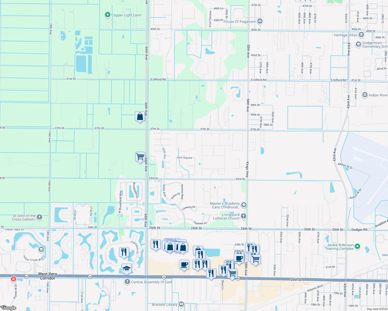 map of restaurants, bars, coffee shops, grocery stores, and more near 3407 63rd Square in Vero Beach