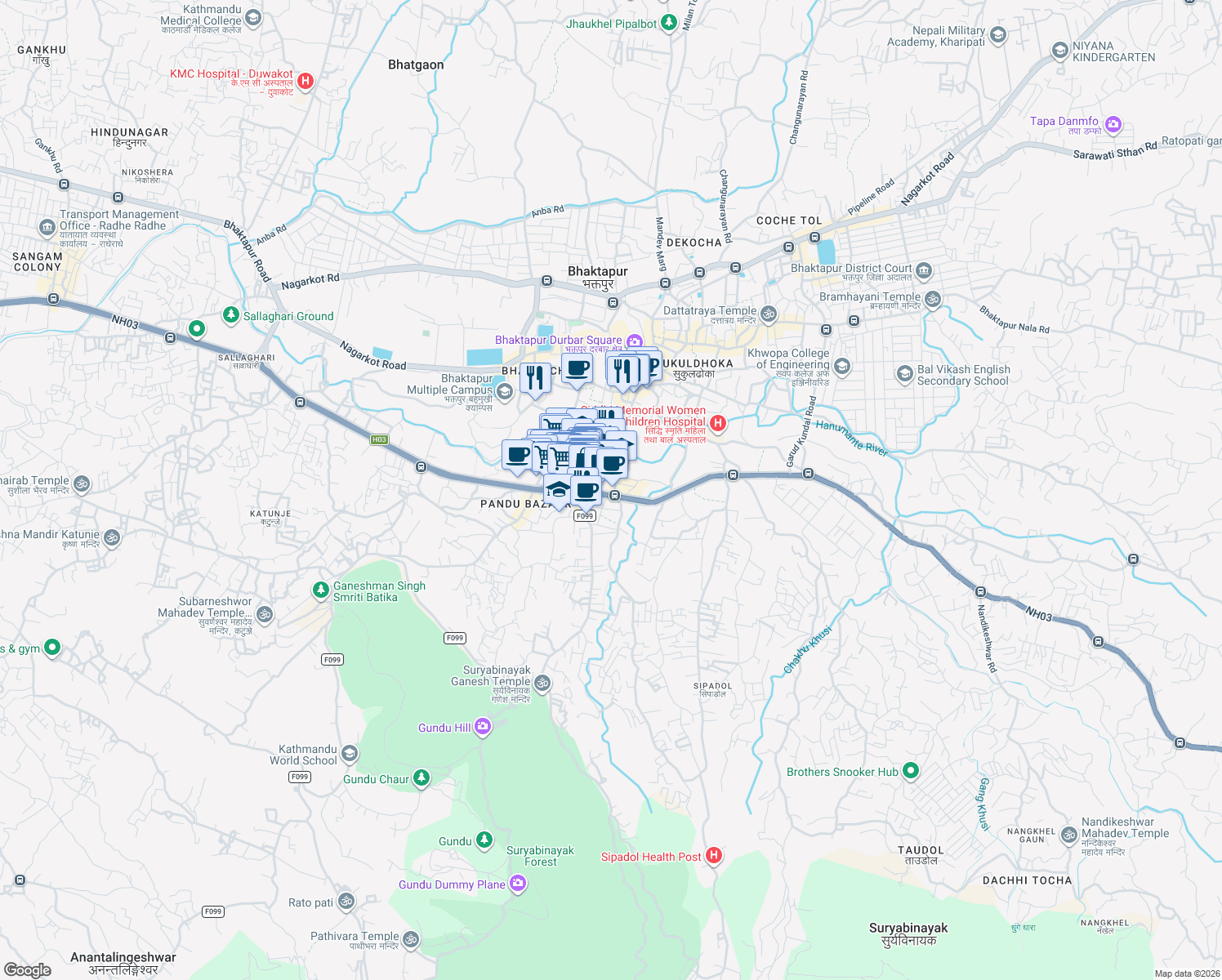 map of restaurants, bars, coffee shops, grocery stores, and more near Araniko Highway in Bhaktapur
