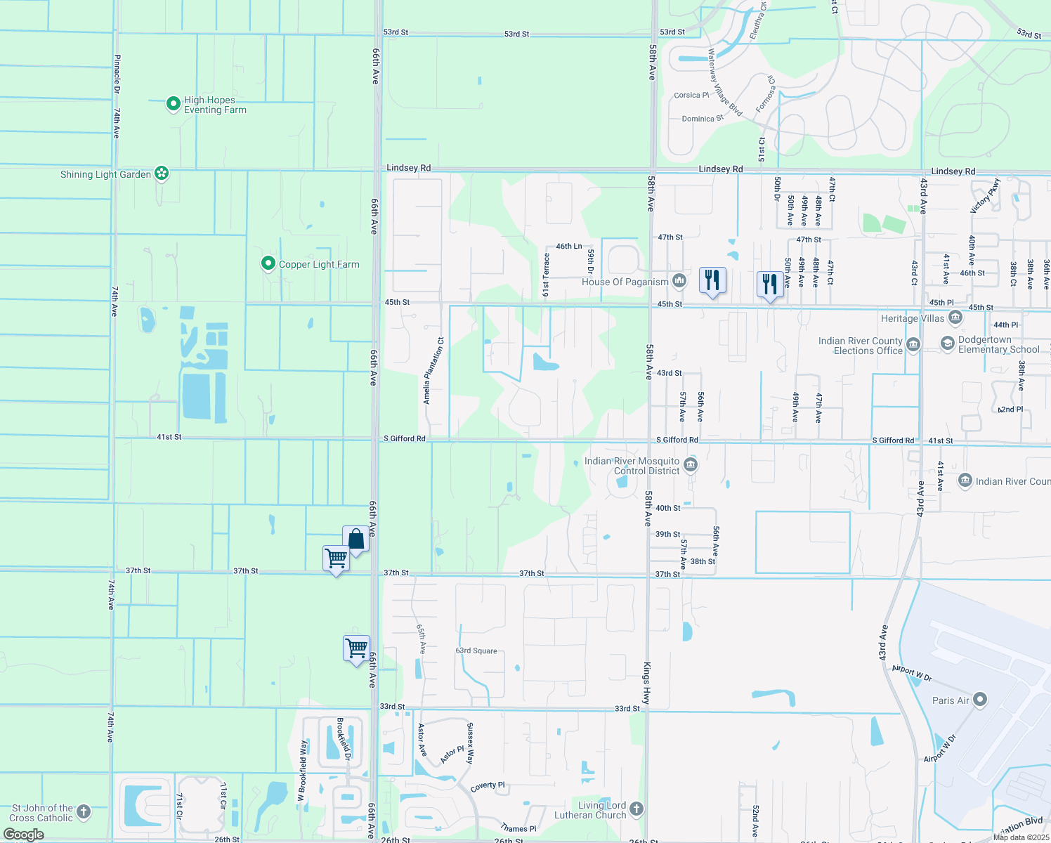 map of restaurants, bars, coffee shops, grocery stores, and more near 4100 Abington Woods Circle in Vero Beach