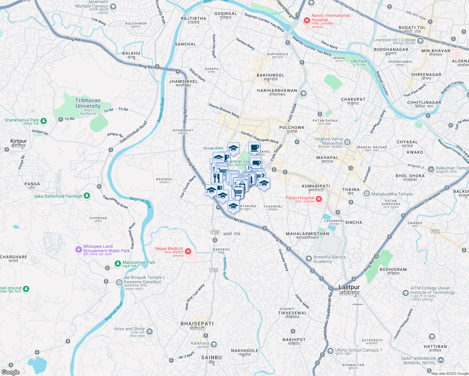 map of restaurants, bars, coffee shops, grocery stores, and more near Ekantakuna Road in Patan