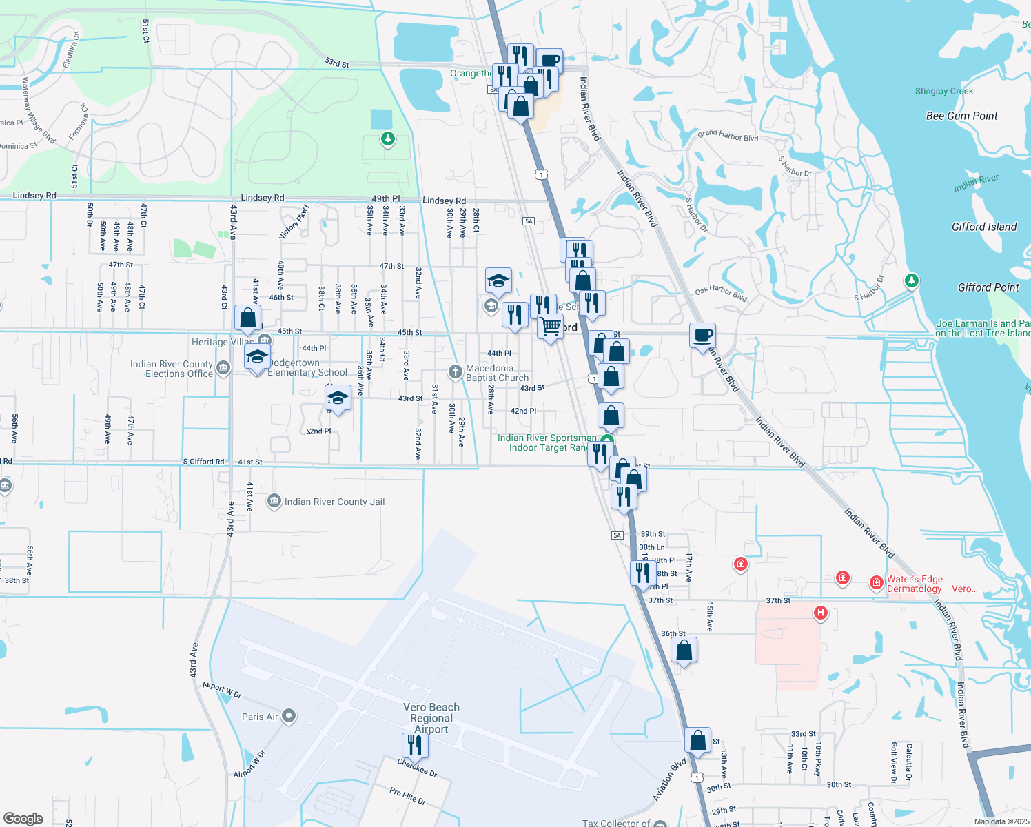 map of restaurants, bars, coffee shops, grocery stores, and more near 4235 26th Avenue in Vero Beach