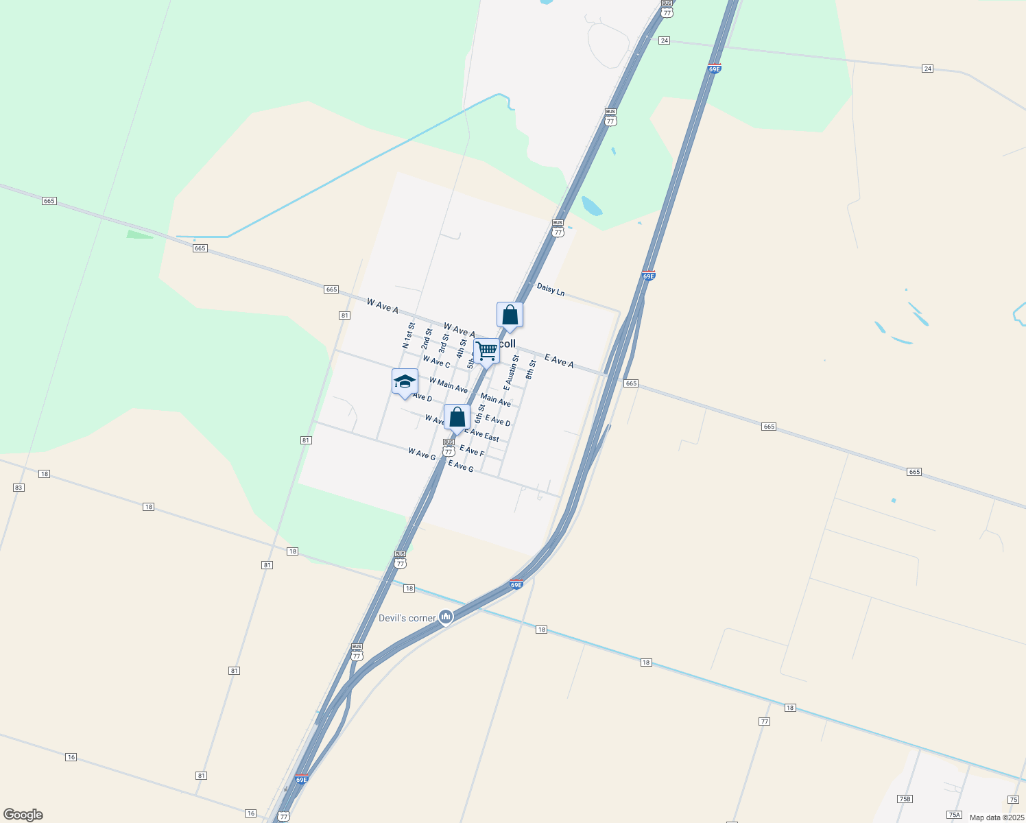 map of restaurants, bars, coffee shops, grocery stores, and more near 410 8th Street in Driscoll