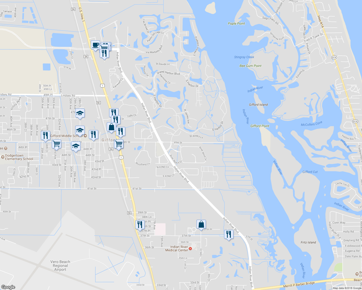map of restaurants, bars, coffee shops, grocery stores, and more near 1001 River Wind Circle in Vero Beach