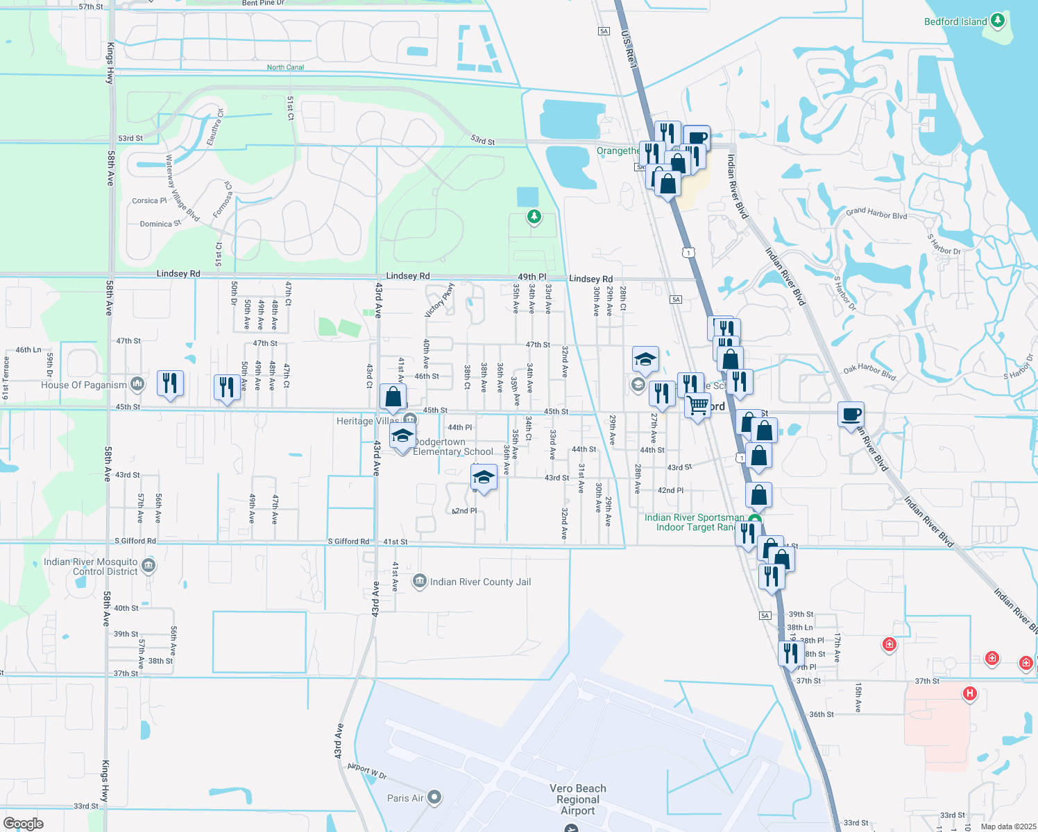 map of restaurants, bars, coffee shops, grocery stores, and more near 4486 35th Avenue in Vero Beach