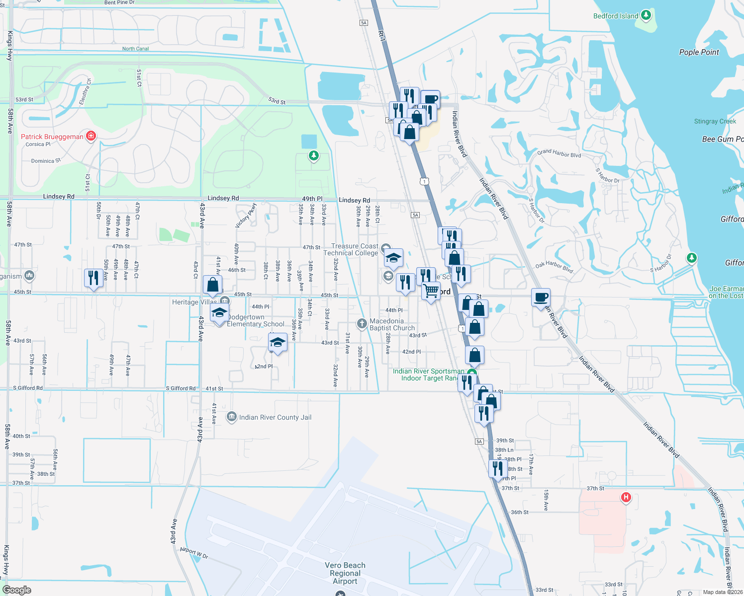 map of restaurants, bars, coffee shops, grocery stores, and more near 2871 45th Street in Vero Beach