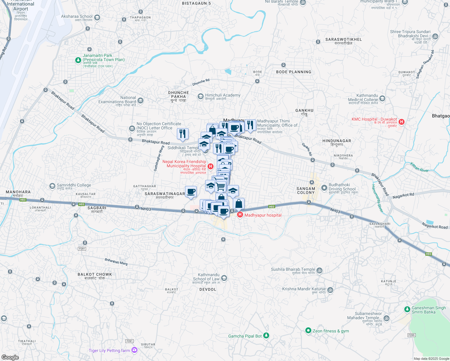 map of restaurants, bars, coffee shops, grocery stores, and more near Tahanani Road in Madhyapur Thimi