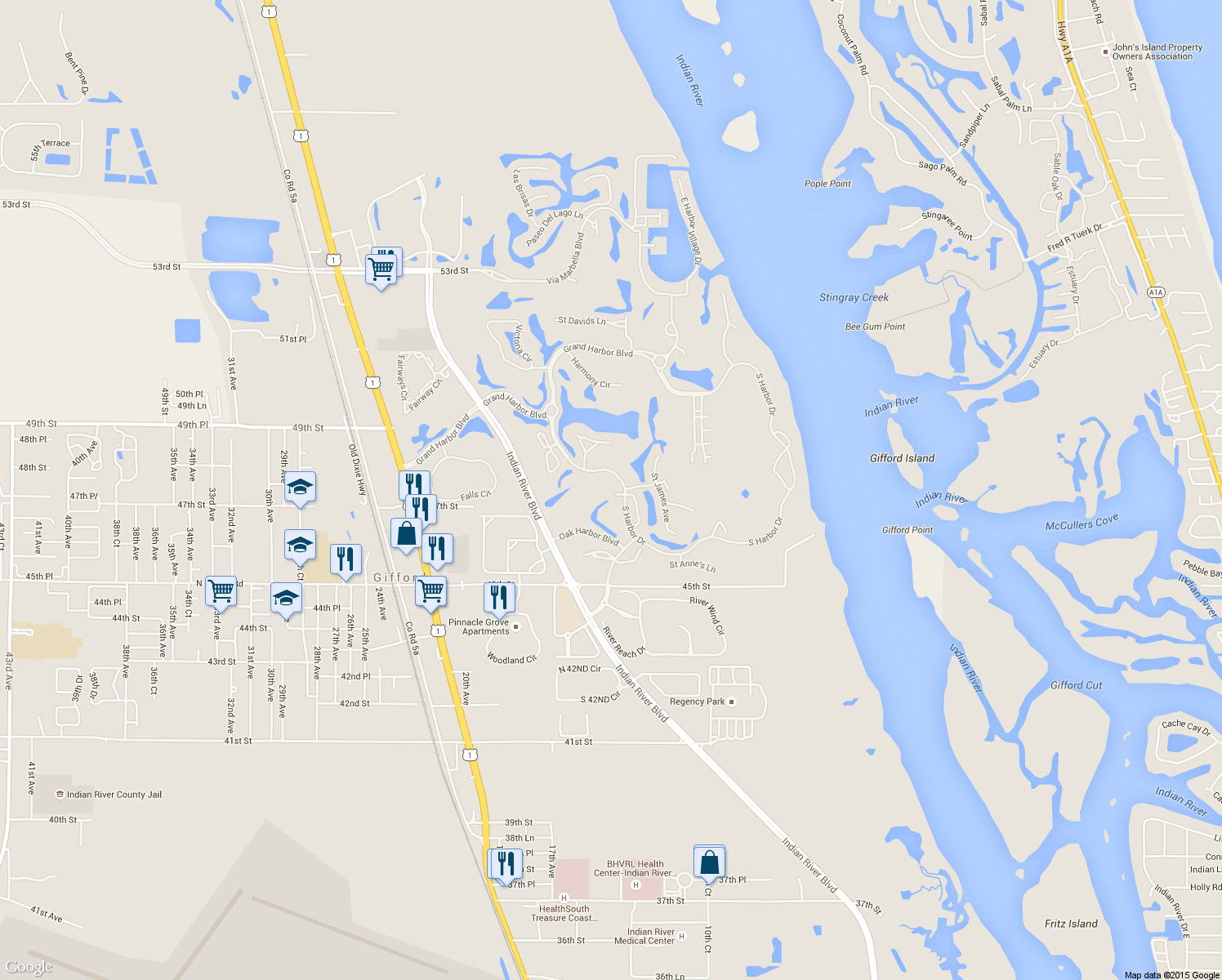 map of restaurants, bars, coffee shops, grocery stores, and more near 4775 South Harbor Drive in Vero Beach