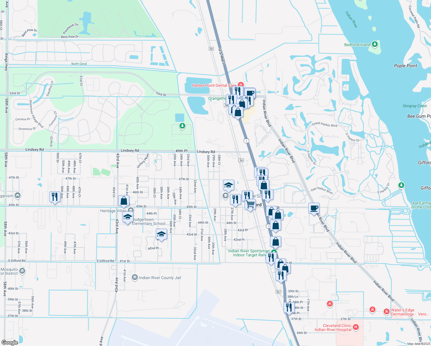 map of restaurants, bars, coffee shops, grocery stores, and more near 4730 29th Avenue in Vero Beach