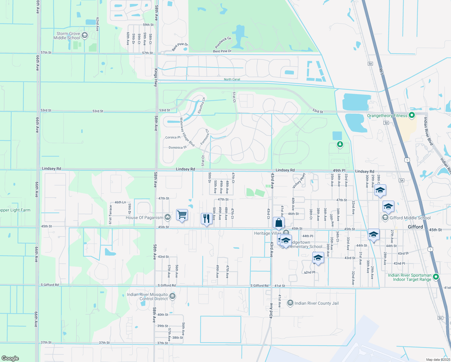 map of restaurants, bars, coffee shops, grocery stores, and more near 4835 48th Avenue in Vero Beach