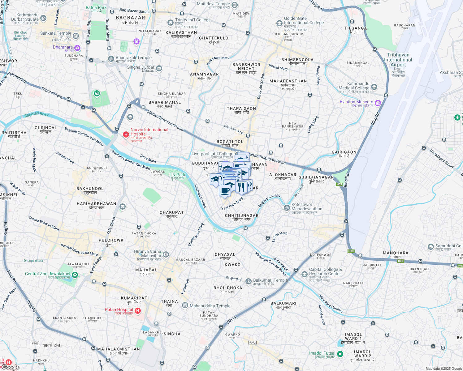 map of restaurants, bars, coffee shops, grocery stores, and more near Shankhamul Marga in Kathmandu