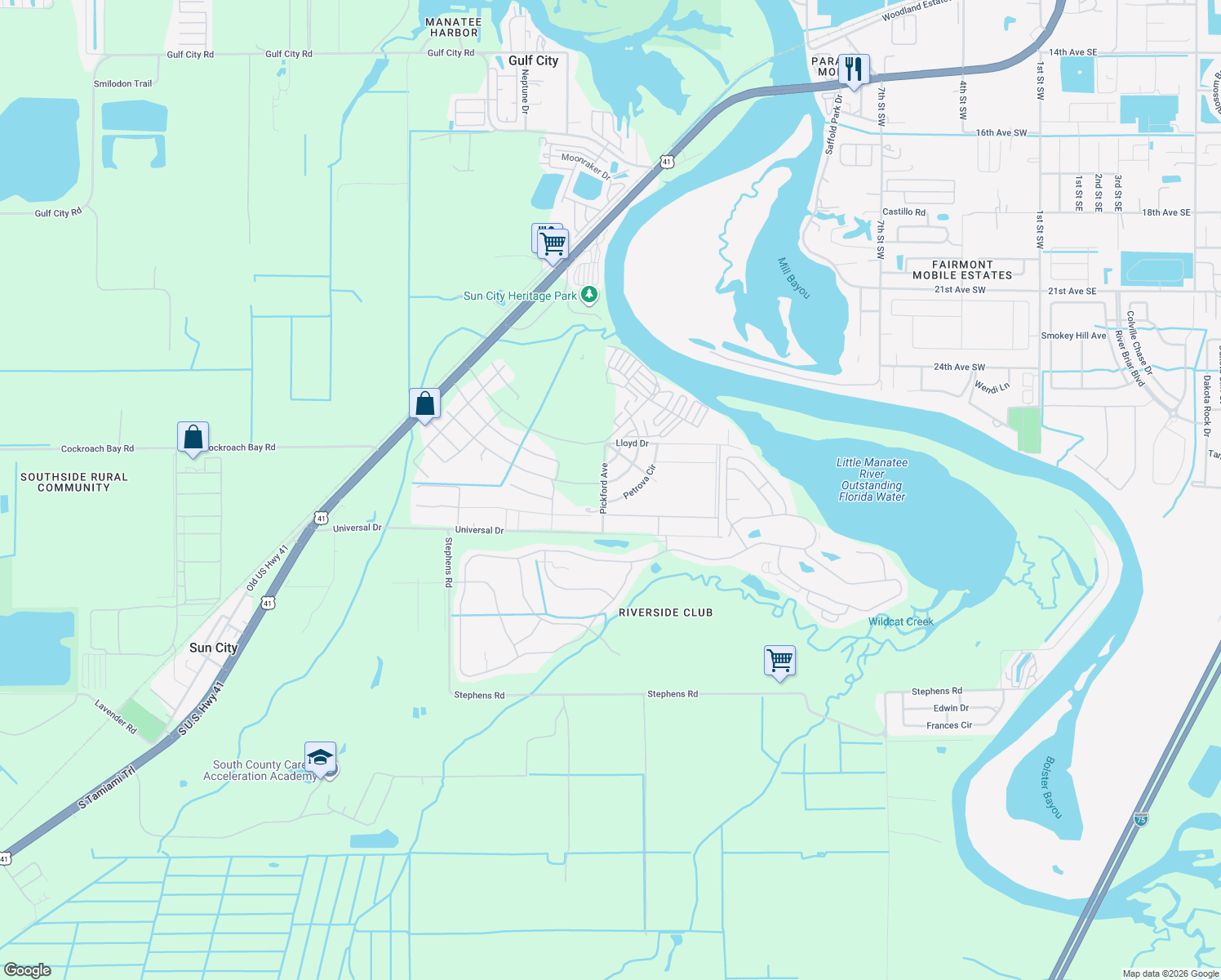 map of restaurants, bars, coffee shops, grocery stores, and more near 3618 Compson Circle in Ruskin