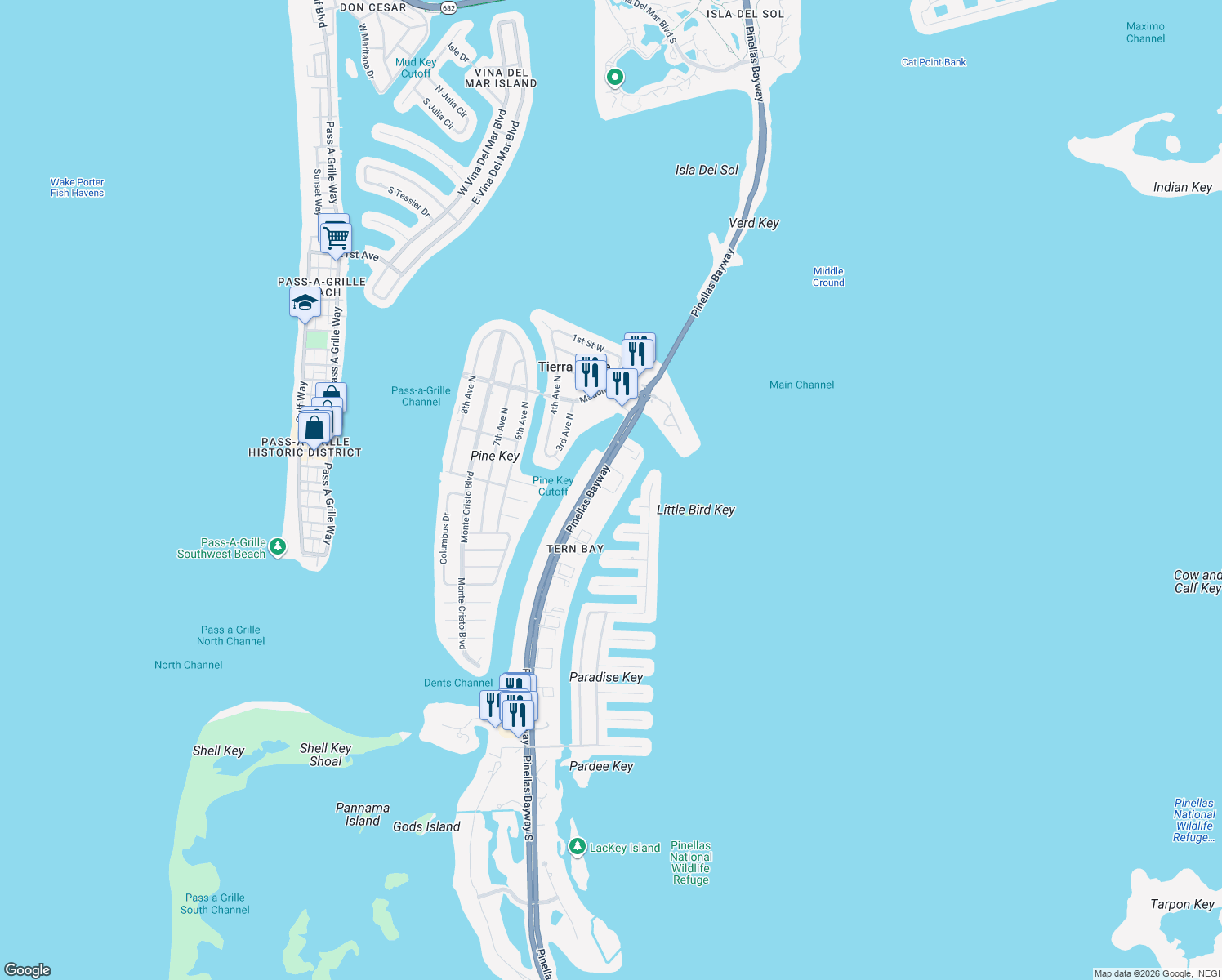map of restaurants, bars, coffee shops, grocery stores, and more near 346 Madeira Circle in Saint Petersburg