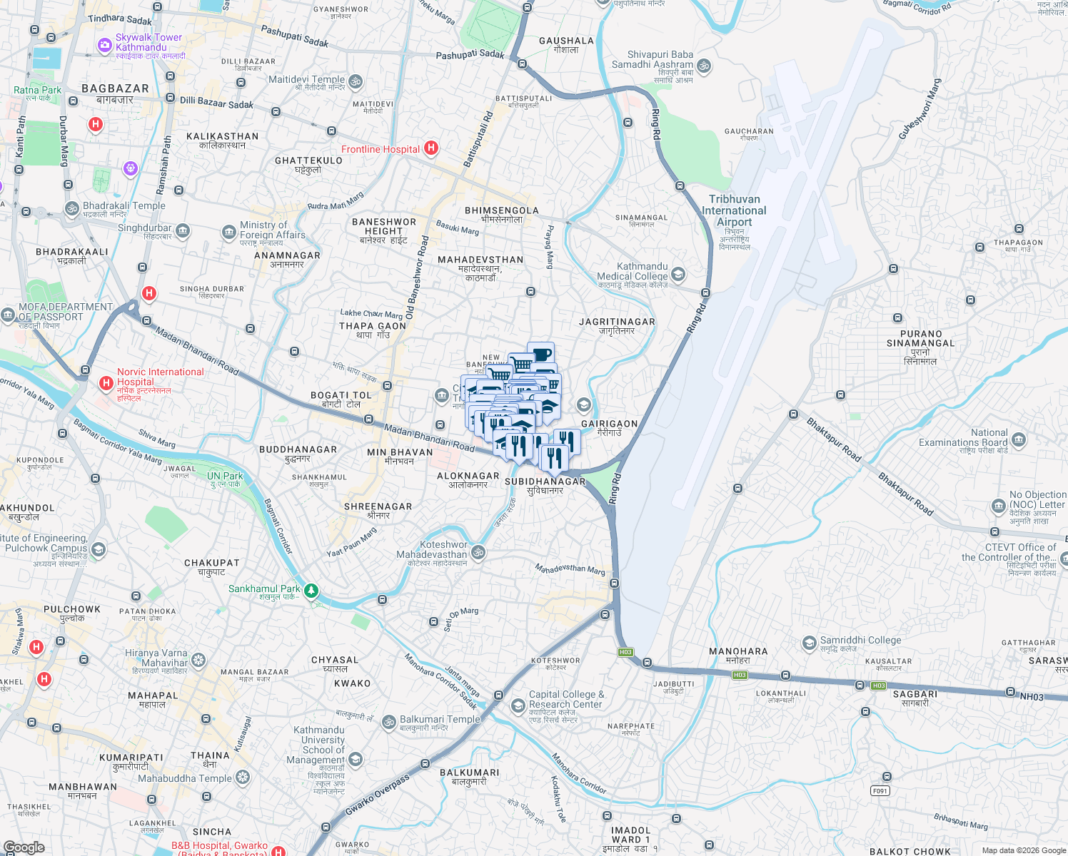 map of restaurants, bars, coffee shops, grocery stores, and more near Siddhicharan Marg in Kathmandu