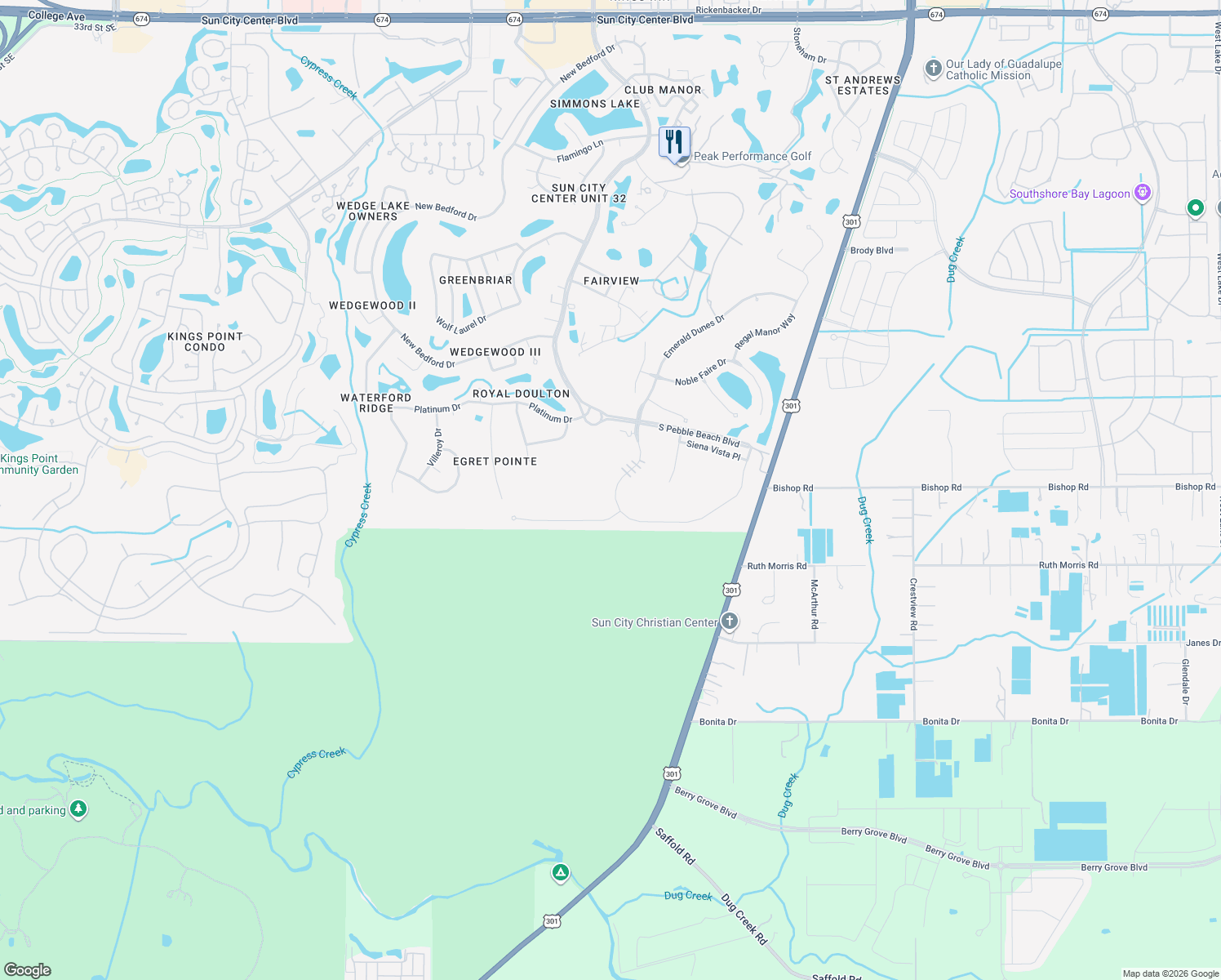map of restaurants, bars, coffee shops, grocery stores, and more near 1420 Emerald Dunes Drive in Sun City Center
