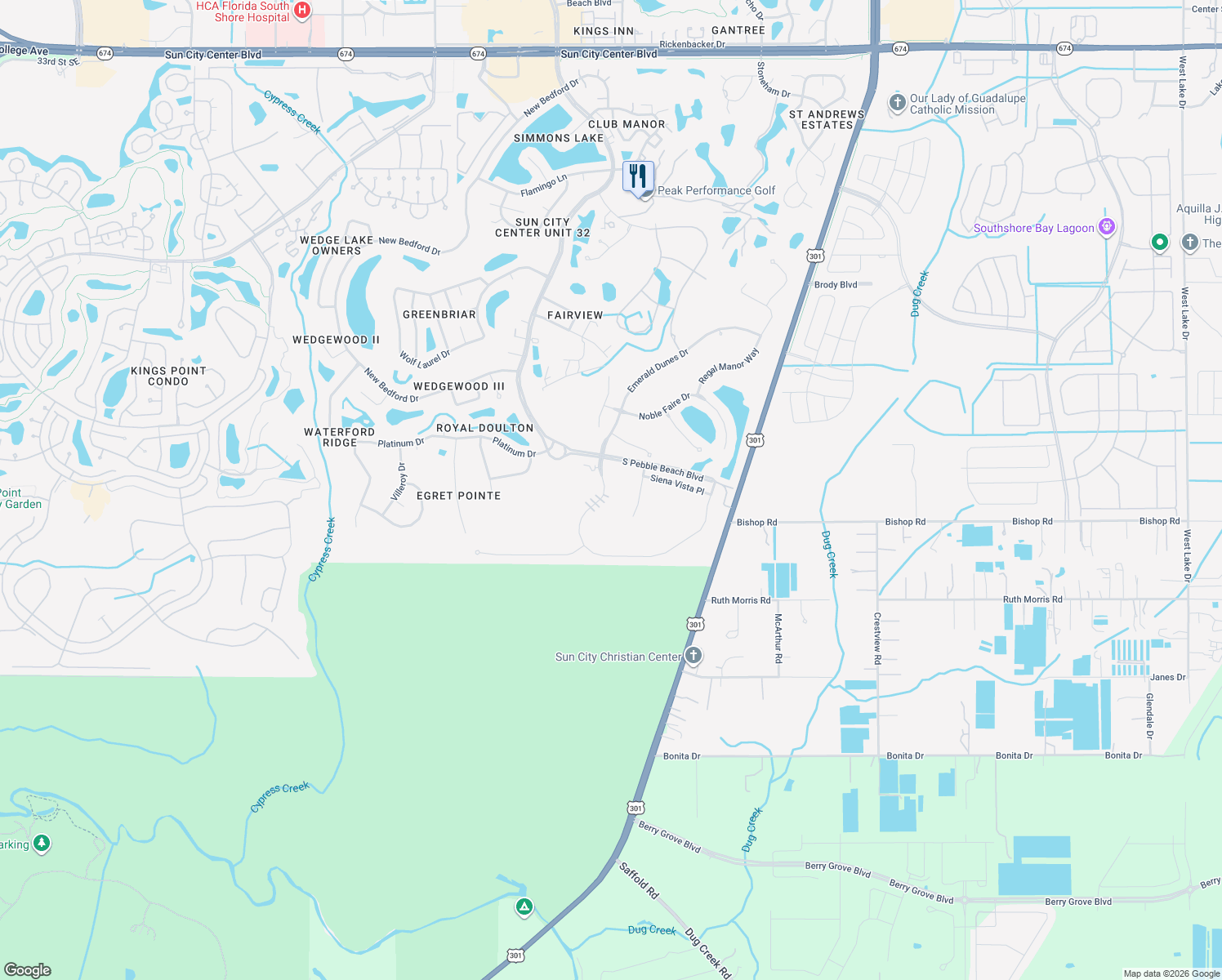 map of restaurants, bars, coffee shops, grocery stores, and more near 1338 Emerald Dunes Drive in Sun City Center