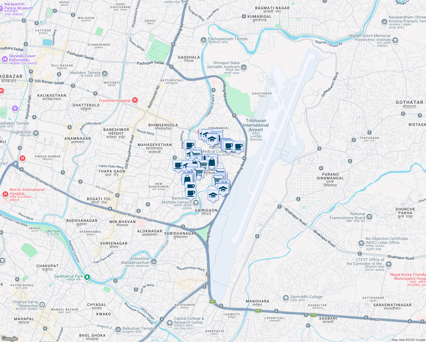 map of restaurants, bars, coffee shops, grocery stores, and more near Jagritinagar Marga in Kathmandu