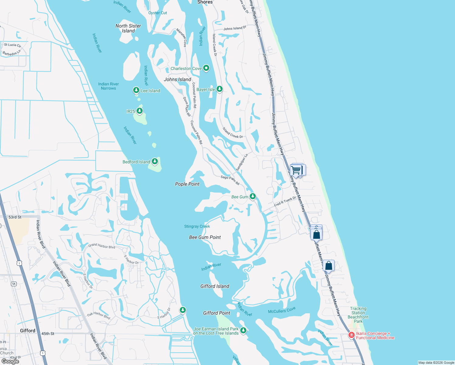 map of restaurants, bars, coffee shops, grocery stores, and more near 105 Sago Palm Road in Vero Beach