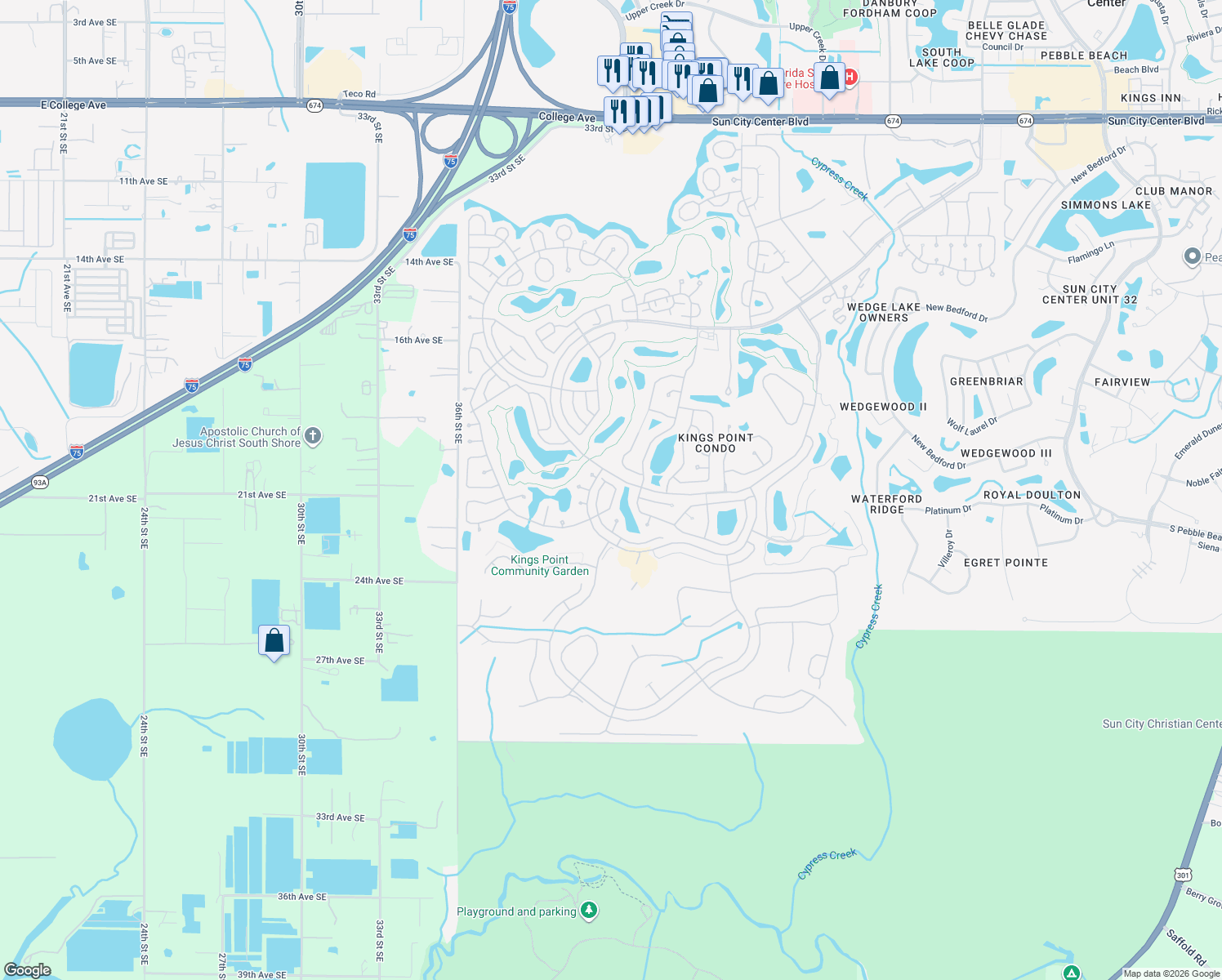 map of restaurants, bars, coffee shops, grocery stores, and more near 2344 Nantucket Drive in Sun City Center