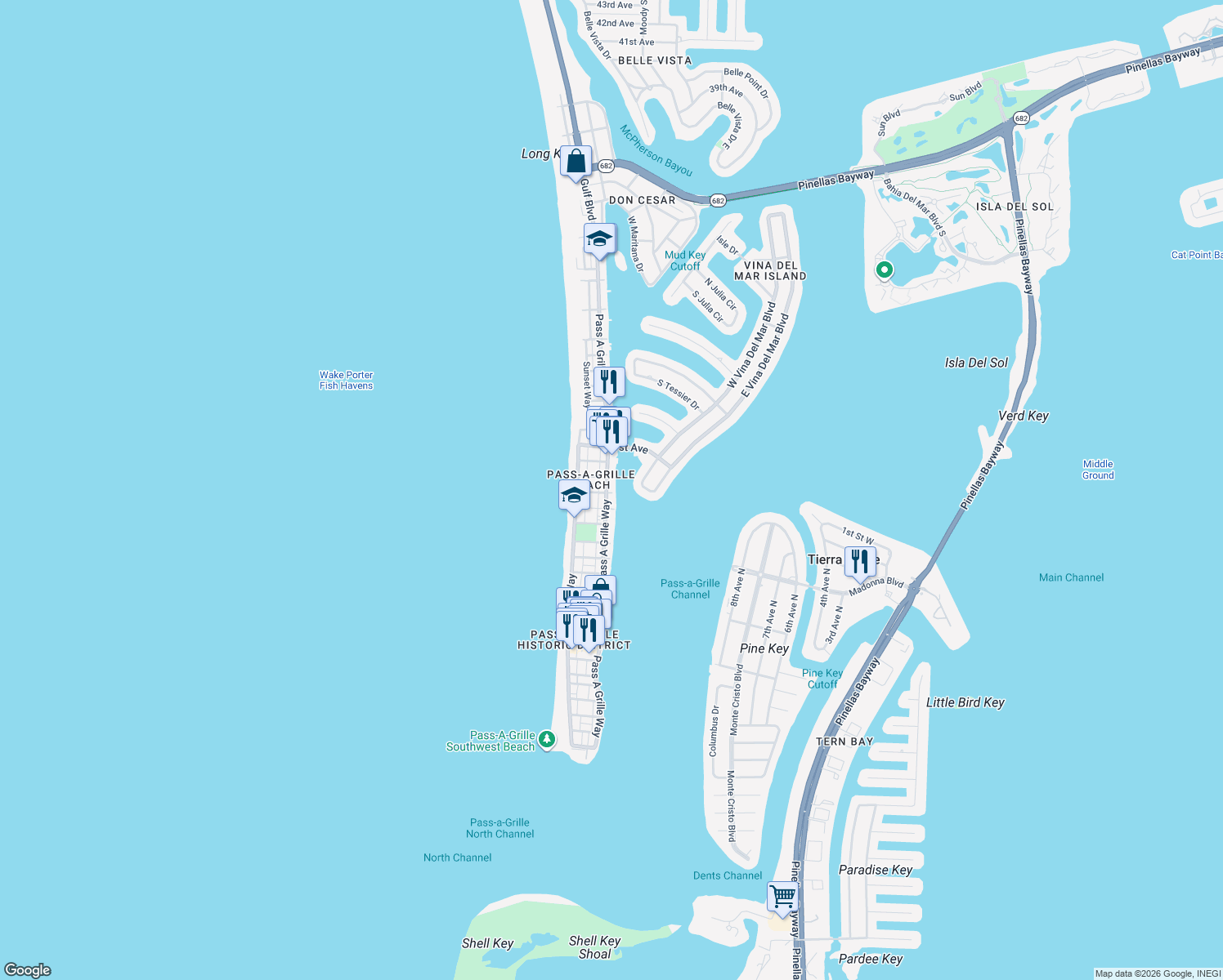 map of restaurants, bars, coffee shops, grocery stores, and more near 1801 Pass a Grille Way in St. Pete Beach