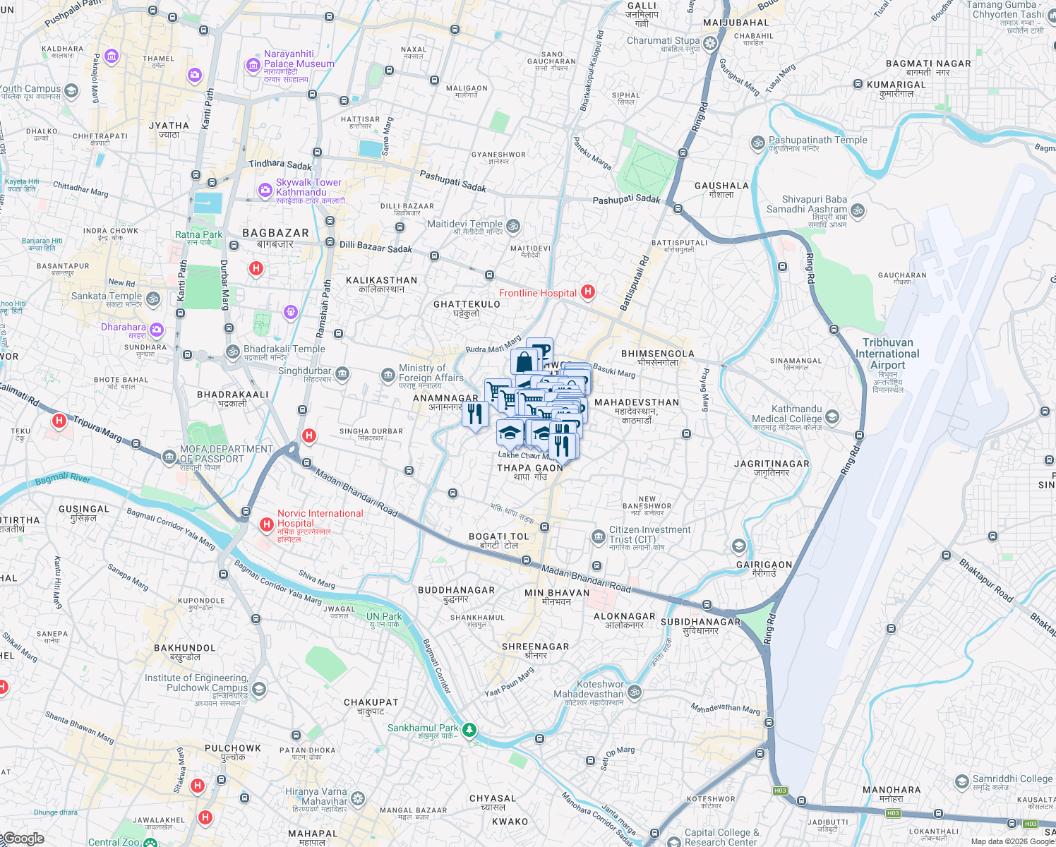 map of restaurants, bars, coffee shops, grocery stores, and more near Sahabhagita Marga in Kathmandu