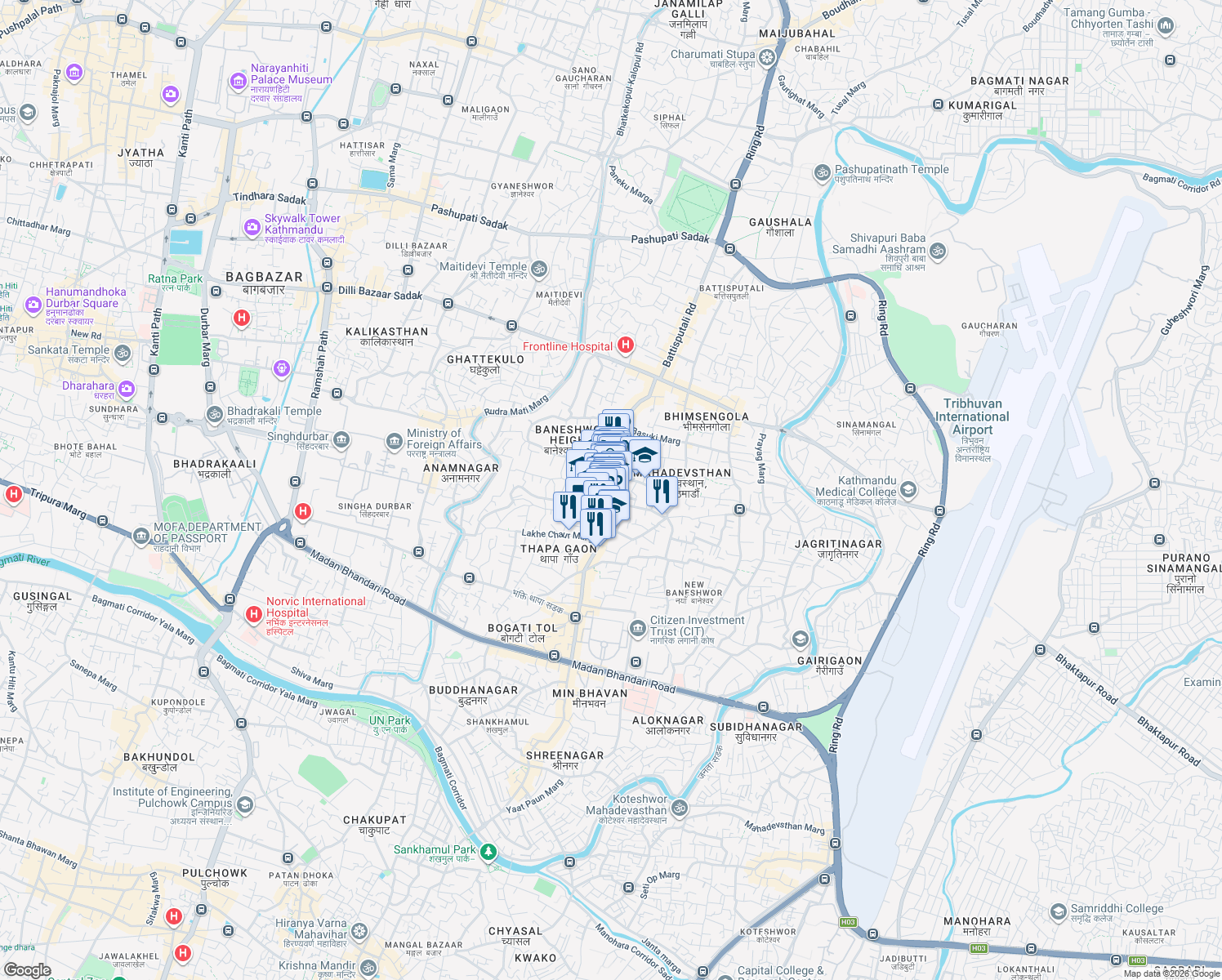 map of restaurants, bars, coffee shops, grocery stores, and more near Devkota Sadak in Kathmandu